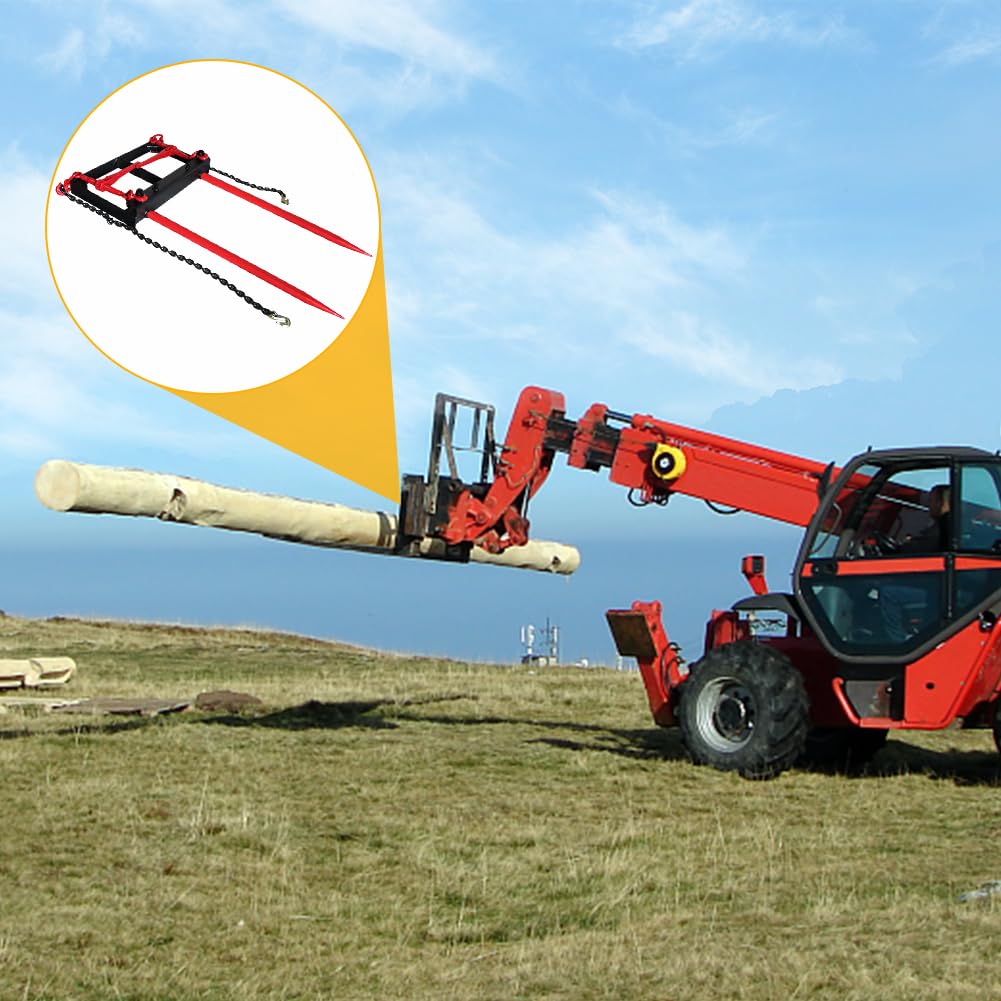 Garvee Dual Prong 43" Hay Bale Spear Attachment, 3000 LB Capacity, Front Skid Steer Tractor Loader Bucket Attachment Conus 2 Tines, Chains and Ratchet Binders Included