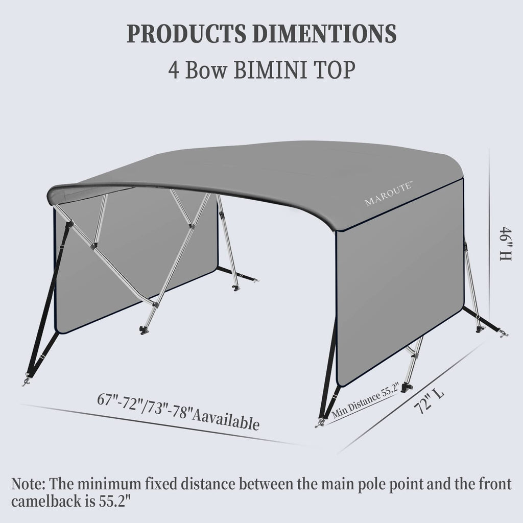 Garvee 4 Bow Bimini Top Boat Cover, 8' L x 54" H x 91"-96" W Boat Canopy with 1” Aluminum Alloy Frame, Include 2 Straps, 2 Adjustable Rear Support Pole, Zippered Storage Boot, PU Coating Canvas