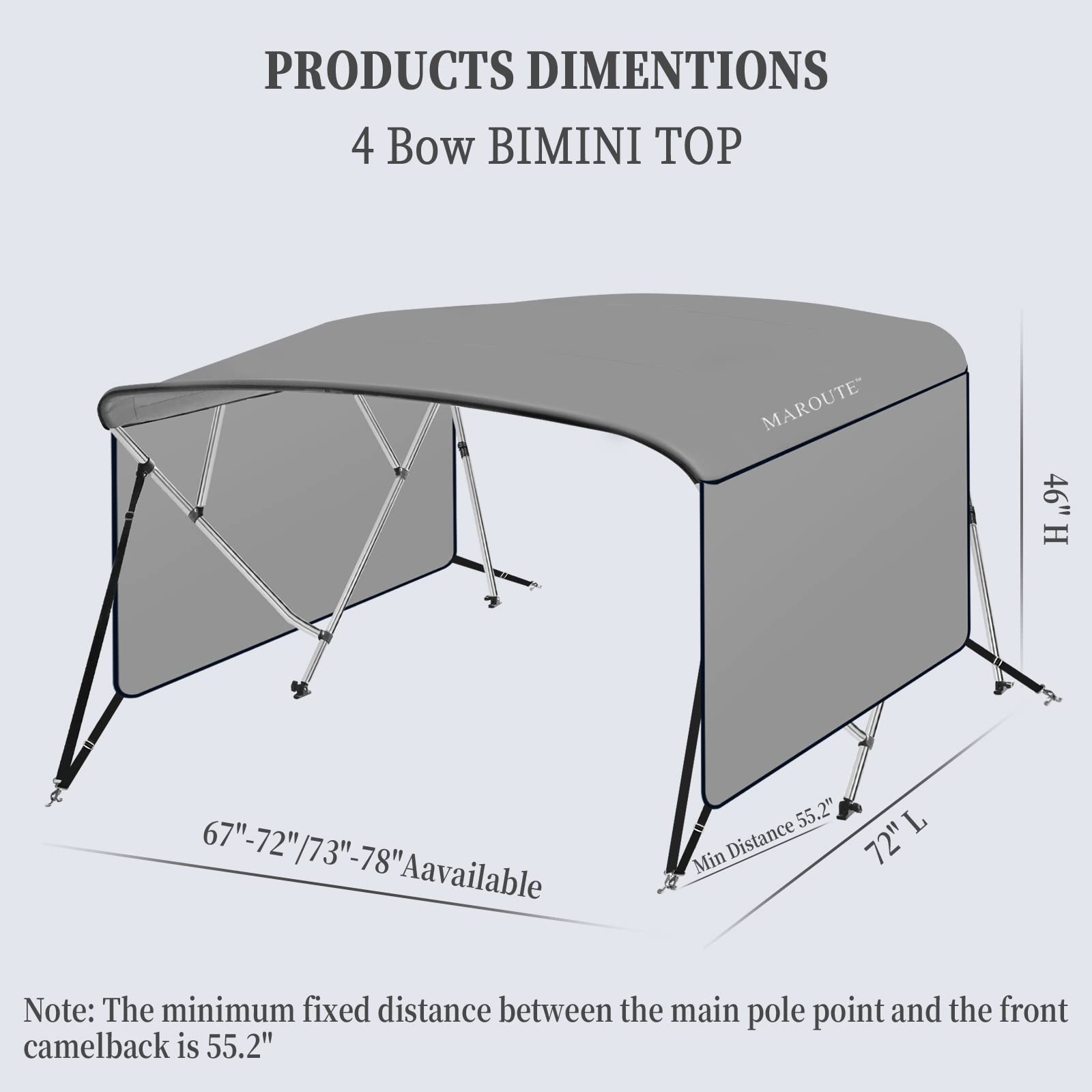 Garvee 4 Bow Bimini Top Boat Cover, 8' L x 54" H x 85"-90" W Boat Canopy with 1 Inch Aluminum Alloy Frame, Include 2 Straps, 2 Adjustable Rear Support Pole, Zippered Storage Boot, PU Coating Canvas