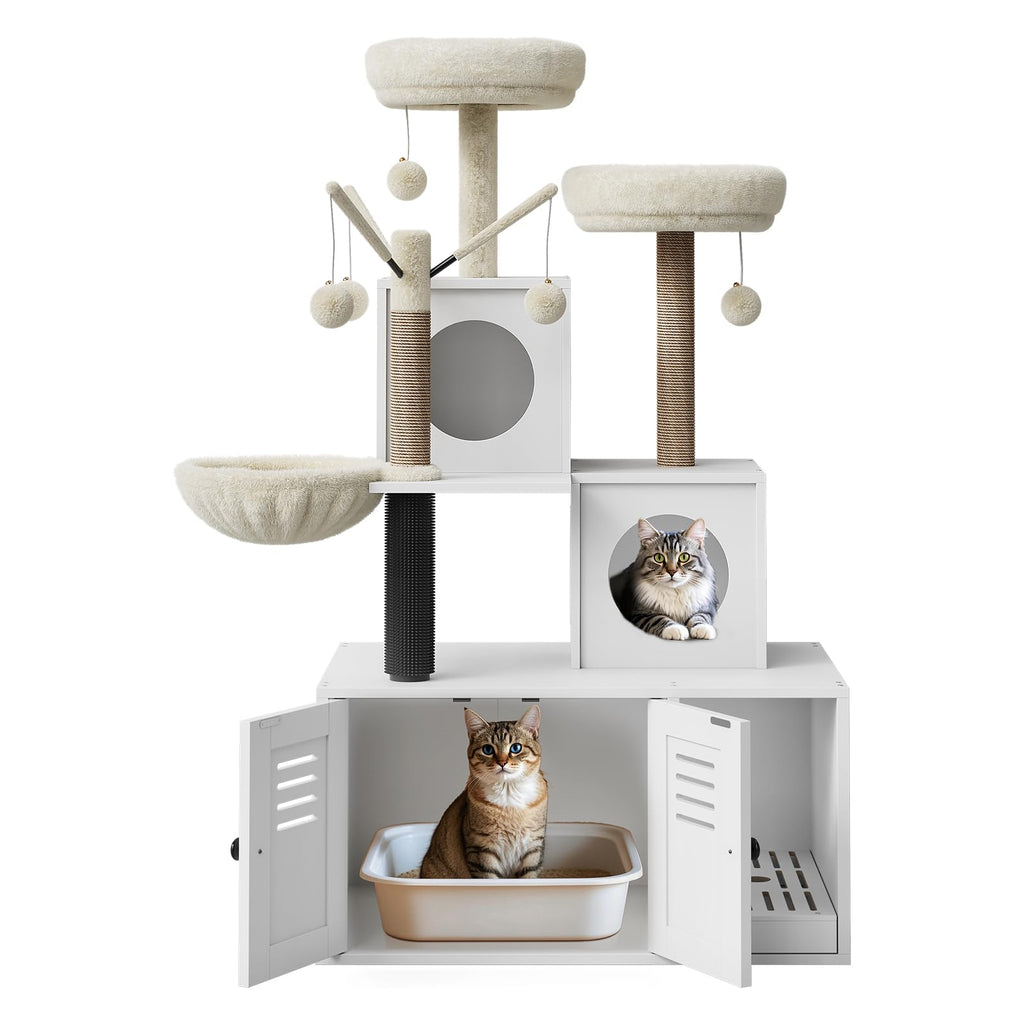 Garvee 54.3" Cat Tree Tower with Hidden Litter Box Enclosure, Modern 2-in-1 Cat Condo, Multi-Cat Homes, Greige & Beige