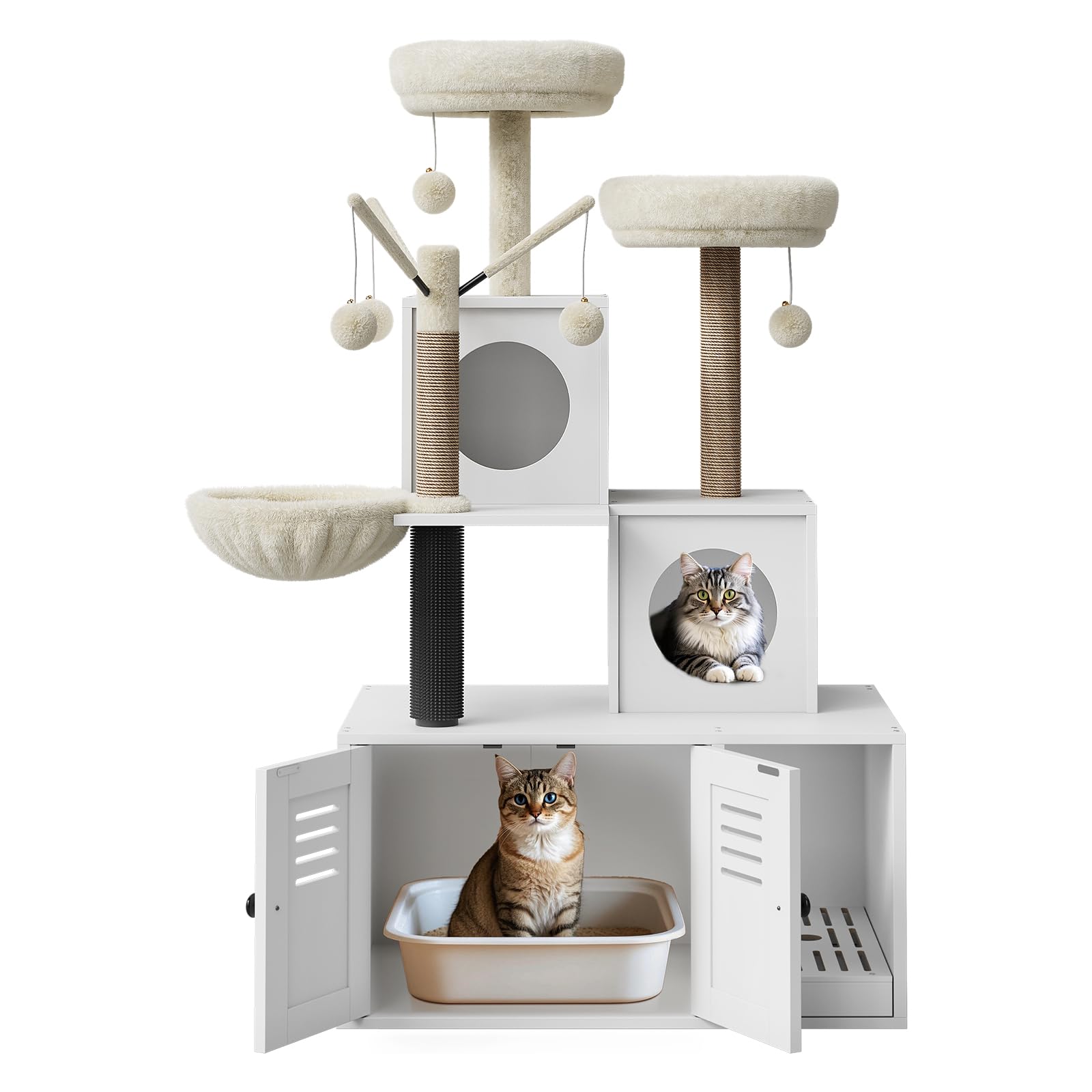 Garvee 54.3" Cat Tree Tower with Hidden Litter Box Enclosure, Modern 2-in-1 Cat Condo, Multi-Cat Homes, Greige & Beige