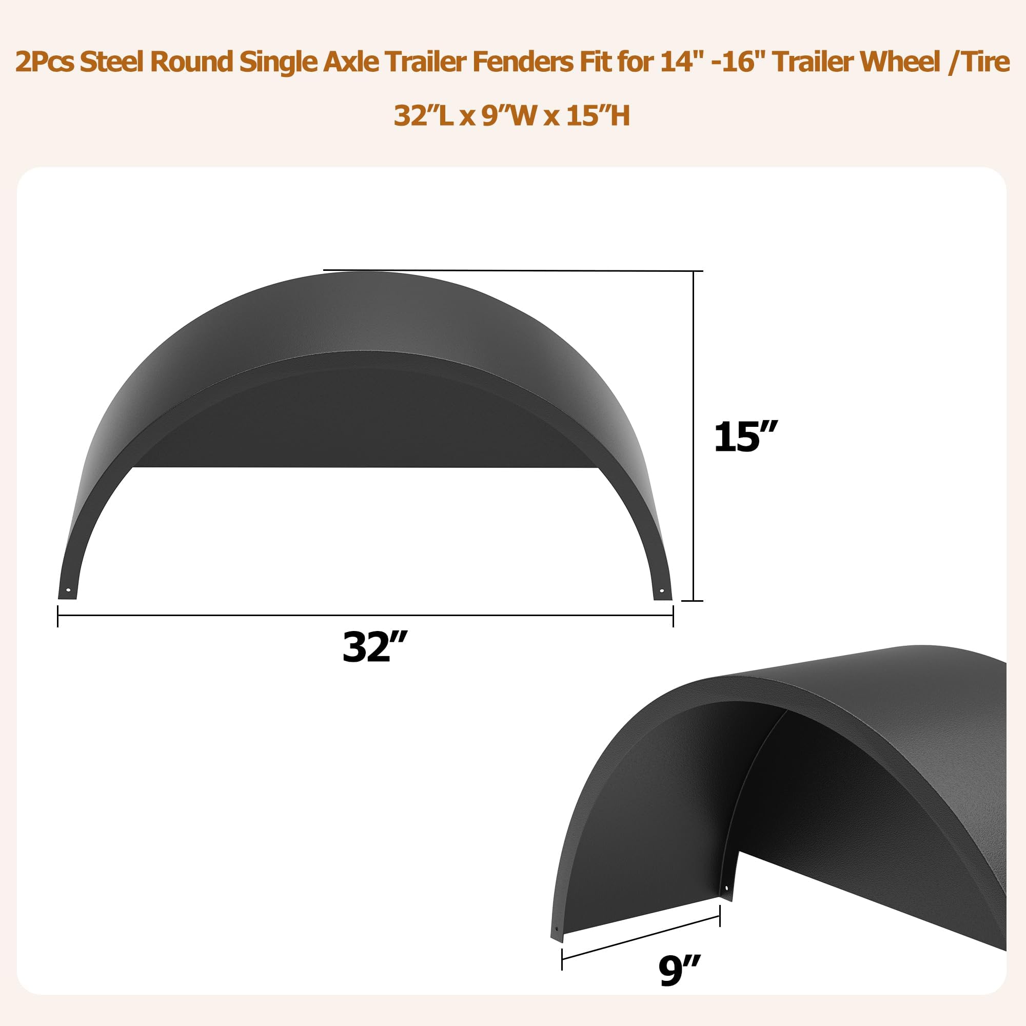 Garvee 2-Pack Trailer Fenders - Single Axle Compatible with 14-16 Inch Wheels, Durable Steel Construction, 32"x9"x15" for Utility and Landscape Trailers, Black