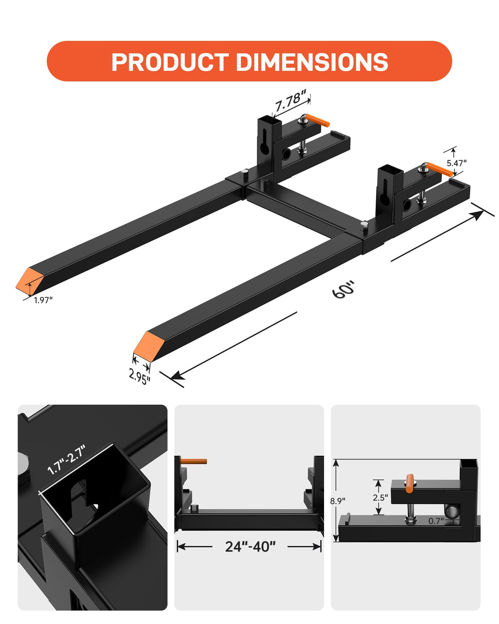 Garvee 60" Pallet Forks, 2000 lbs Capacity Clamp on Pallet Forks for Tractor Skid Steer Loader Bucket, Heavy Duty Quick Attach Forks with Adjustable Stabilizer Bar
