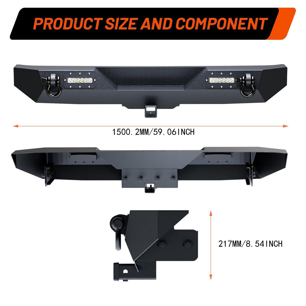 Garvee Rear Bumper Compatible with Wrangler TJ 1997-2006, Full Width Off-Road Rock Crawler Bumper, Heavy Duty Steel, Black, 2/4 Doors, LED Lights & D-Rings