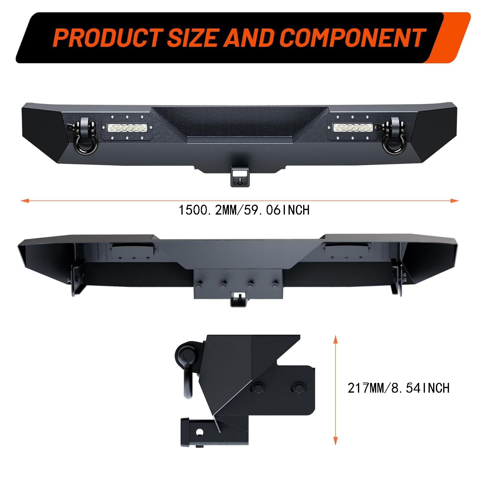 Garvee Rear Bumper Compatible with Wrangler TJ 1997-2006, Full Width Off-Road Rock Crawler Bumper, Heavy Duty Steel, Black, 2/4 Doors, LED Lights & D-Rings