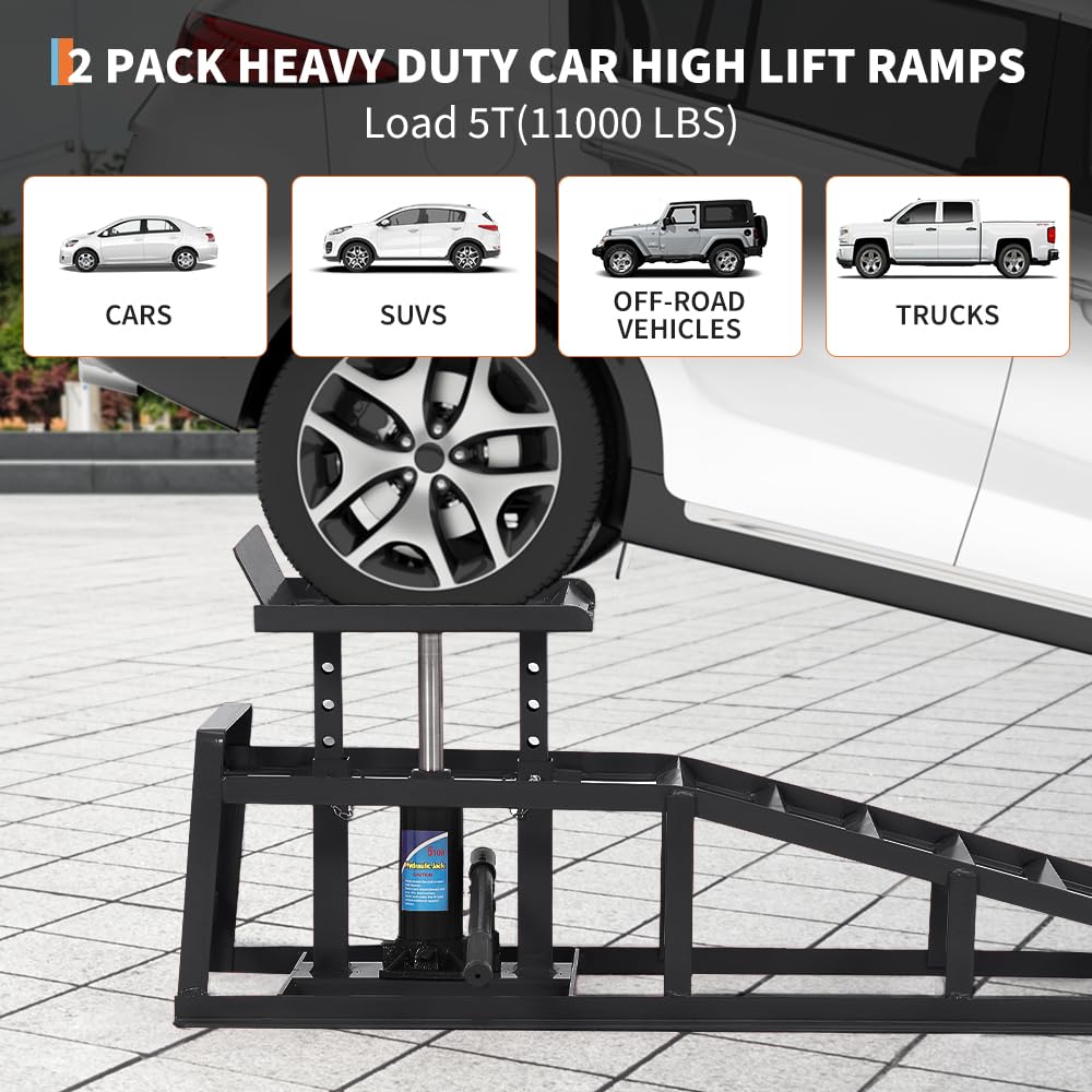 Garvee 2-Pack Hydraulic Car and Truck Service Ramps - 5-Ton Capacity, Adjustable Lift Height 9.8"-15", Ideal for Home Garage Use, Black