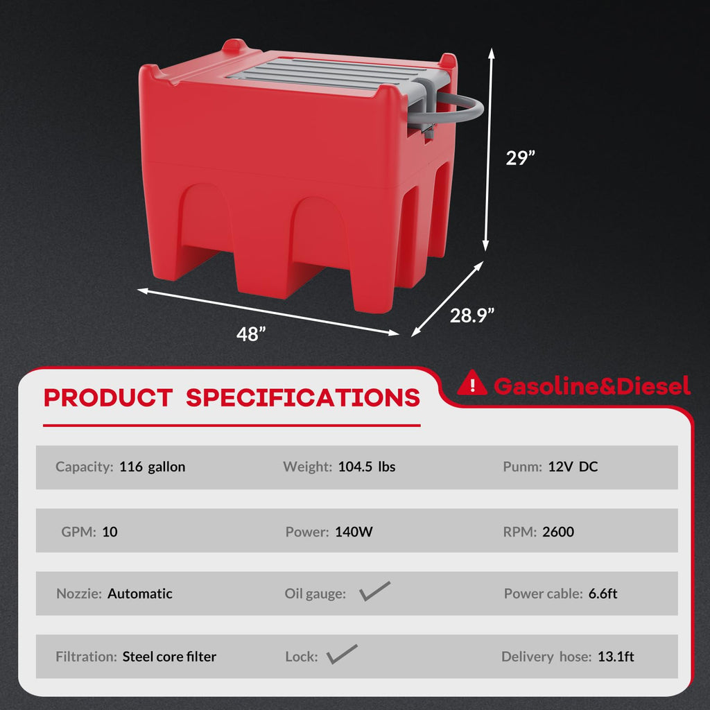 Garvee 116 Gallon Portable Fuel Tank, Gasoline Transfer Tank with 12V Electric Pump, 10 GPM Flow Rate, 13.1ft Hose, Auto Fueling Nozzle, Durable Design for Easy Transportation (Red)