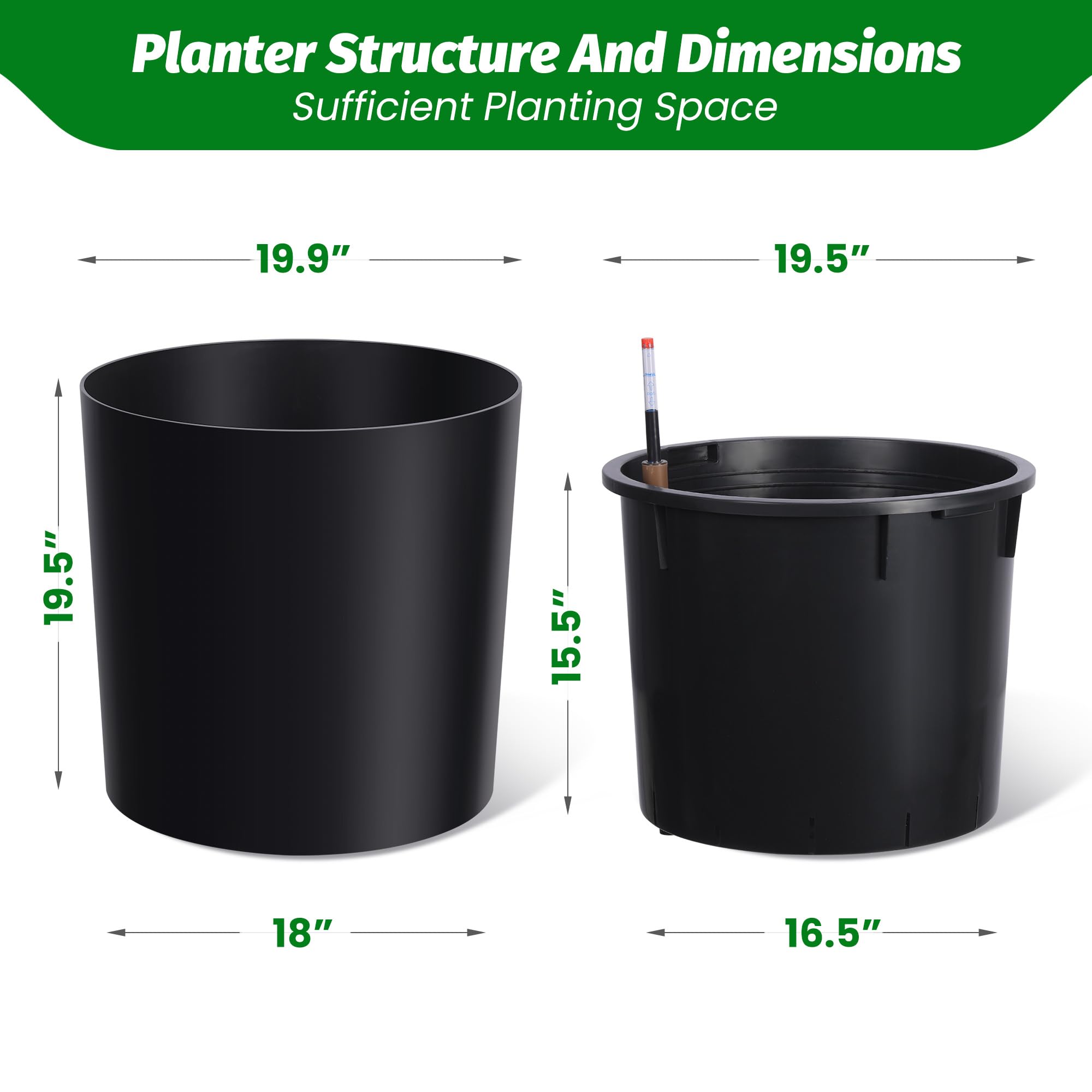 Garvee Tall Round Planter Set of 2, 20" Large Flower Pot Outdoor, Planters for Indoor Plants with Built-in Drainage and a Water Level Monitor and Wheels for Patio, Porch, Living Room, or Home Office, Black
