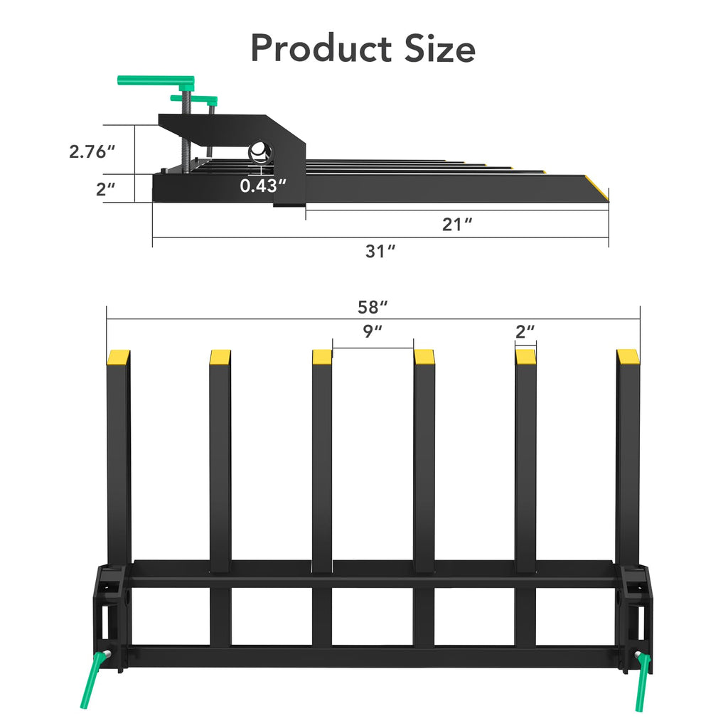 Garvee 58" Clamp-On Debris Forks for 60" Tractor Buckets, 4000 lb Heavy-Duty 6-Tine Steel Attachment for Brush, Logs, Hay & Farm Cleanup