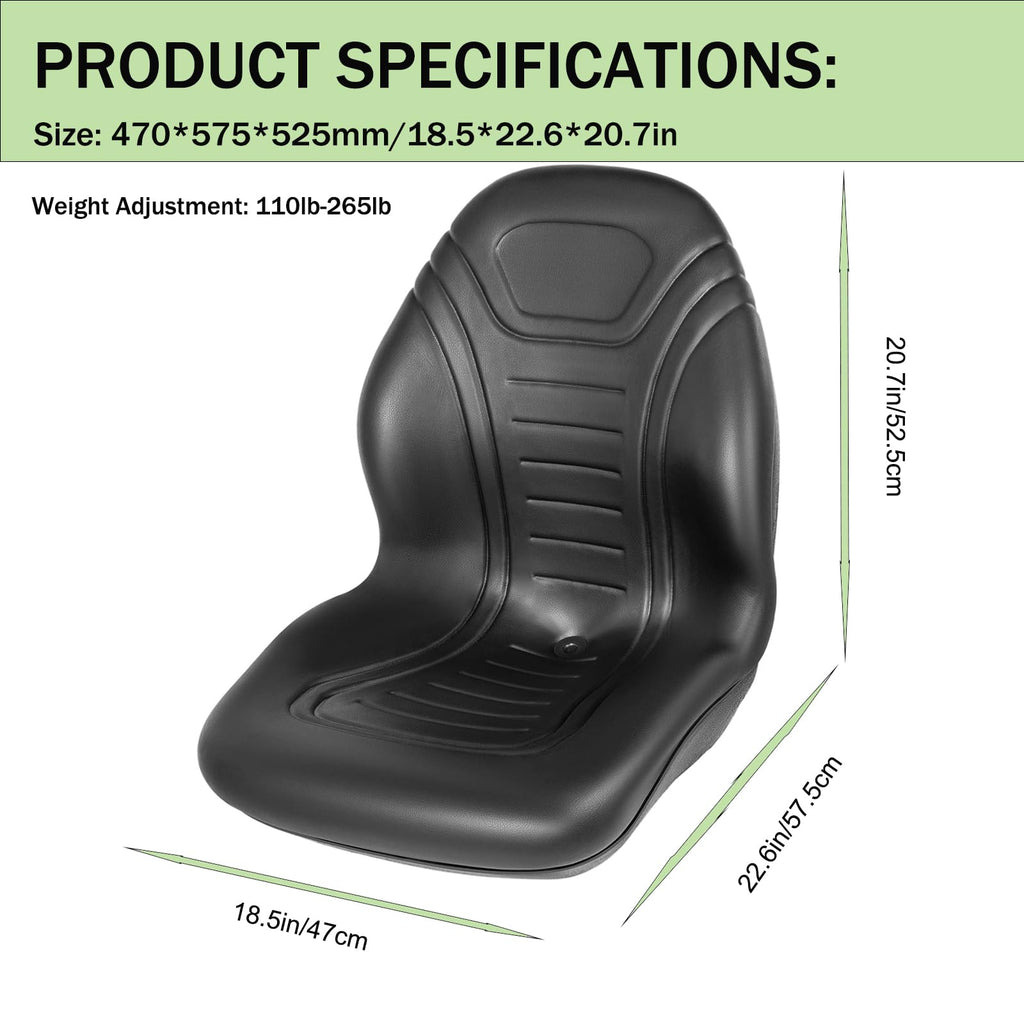 Garvee Universal Tractor Seat - Heavy-Duty Forklift Seat with High Back, Black Vinyl, and Central Drain Hole, Compatible with Forklifts and Lawn Mowers, Black