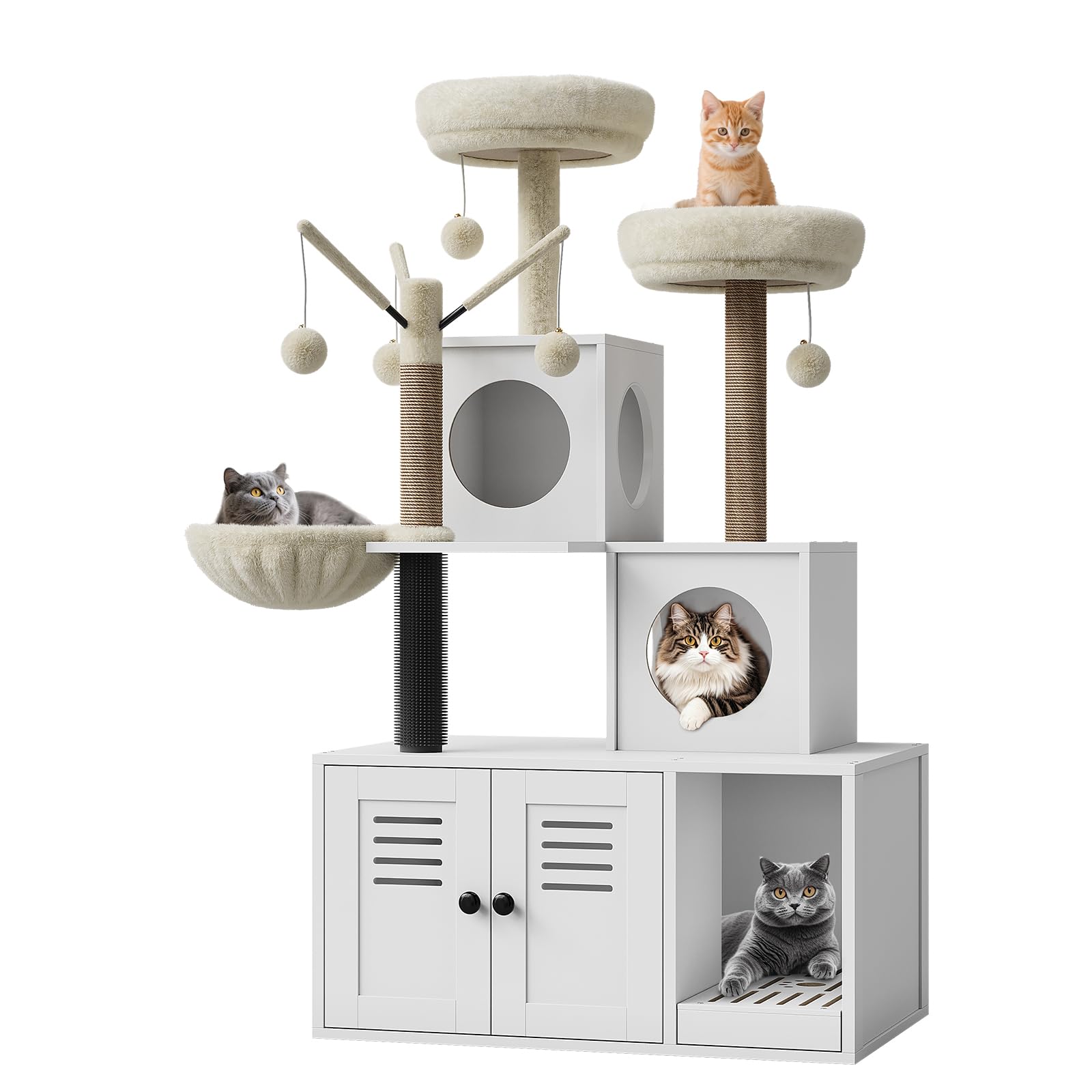 Garvee 54.3" Cat Tree Tower with Hidden Litter Box Enclosure, Modern 2-in-1 Cat Condo, Multi-Cat Homes, Greige & Beige