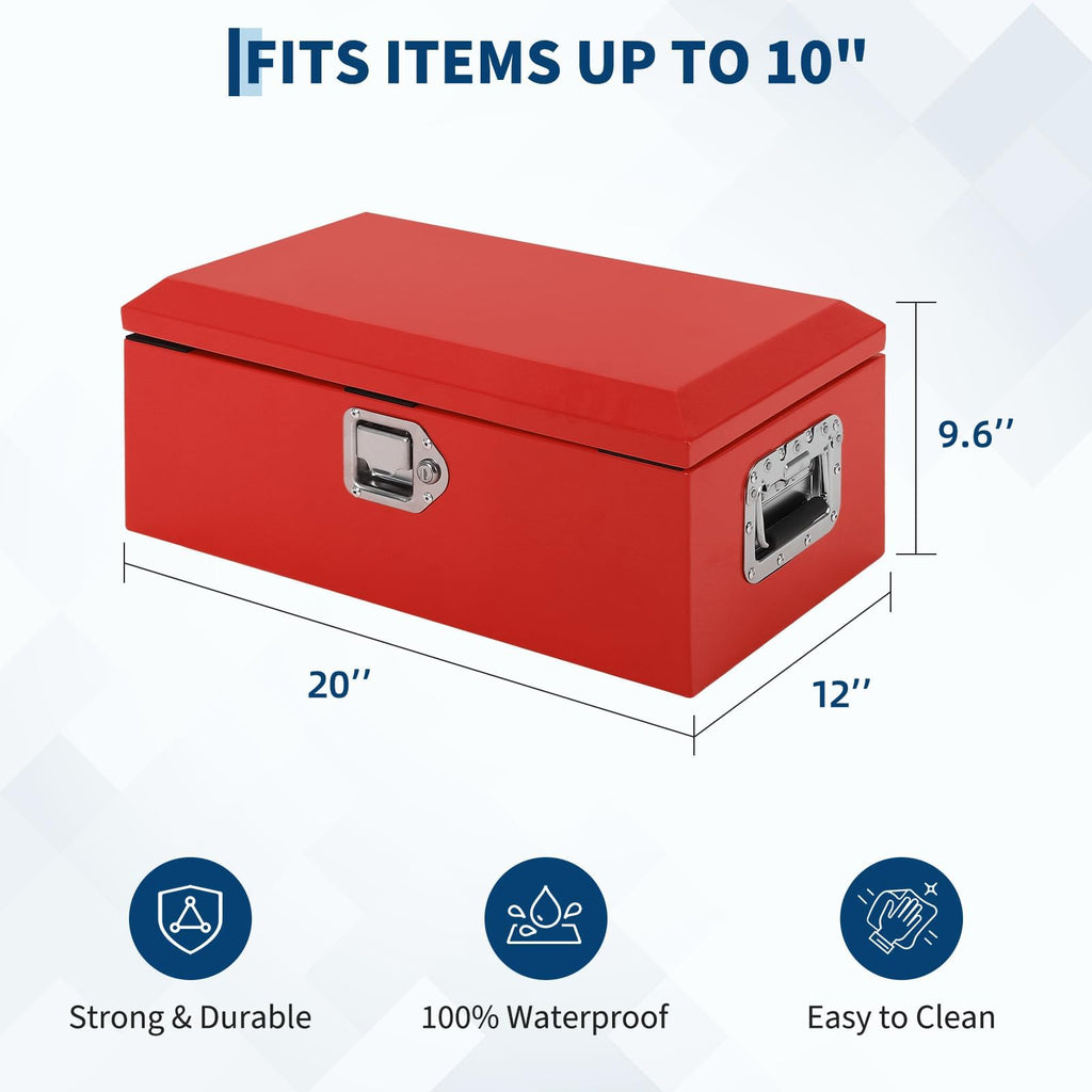 Garvee 20"x12"x10" Truck Bed Tool Box - Heavy-Duty Steel Metal Storage Box with Orange Peel Finish for Pickup, RV, and Trailer, Red