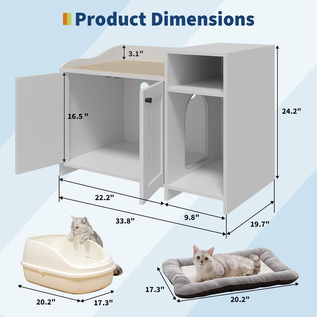 Garvee Cat Litter Box Enclosure Furniture Hidden Litter Box Cabinet Indoor Wooden Cat Washroom Pet House Dog Proof Hideaway Side End Table with Storage White 33.9in L x 19.7in W x 24.2in H