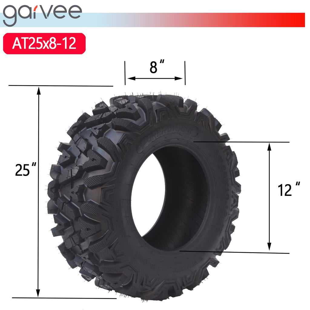 Garvee AT25x8-12-6PR TL UTV ATV Tire Tubeless 6-Ply Off-Road 25in OD 8in SW Black