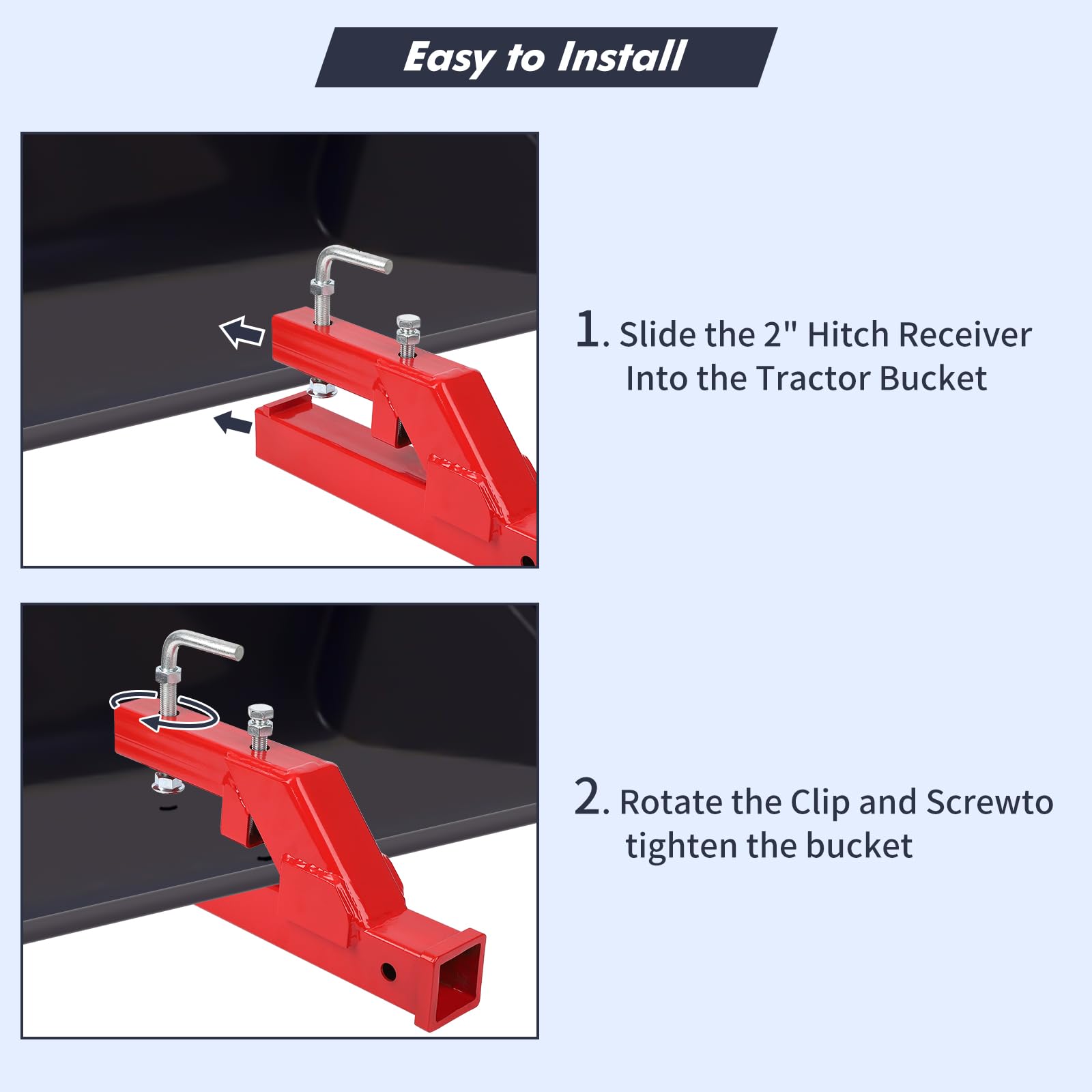 Garvee Clamp On Trailer Hitch, 2" Ball Mount Adapter, Hitch Receiver Compatible with Deere Bobcat Tractor Bucket, 1PC Bucket Hitch, New Upgrade, Red