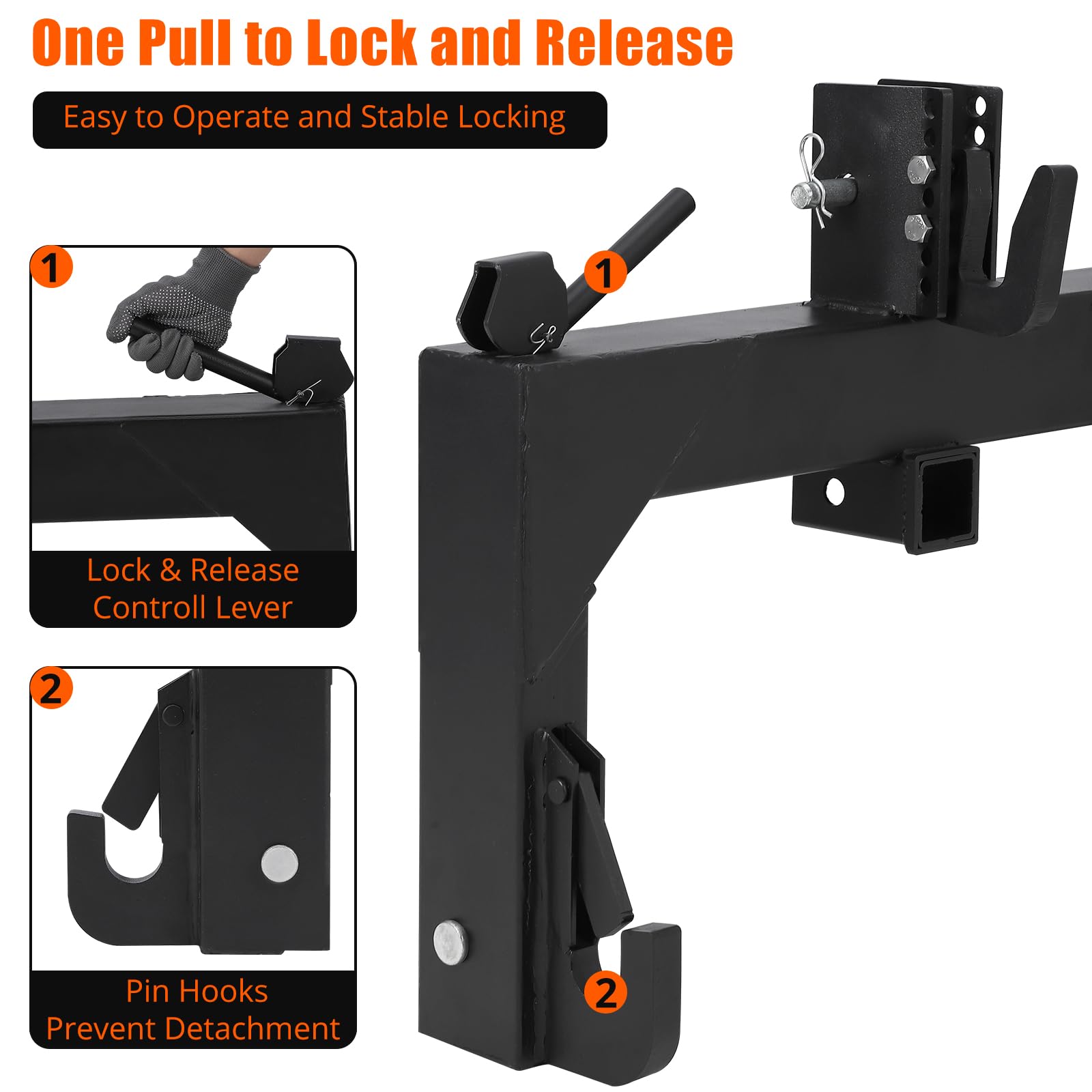 Garvee Category 1 3-Point Quick Hitch – 3000Lbs Lift Capacity, Black Powder Coat & No Bushings Required