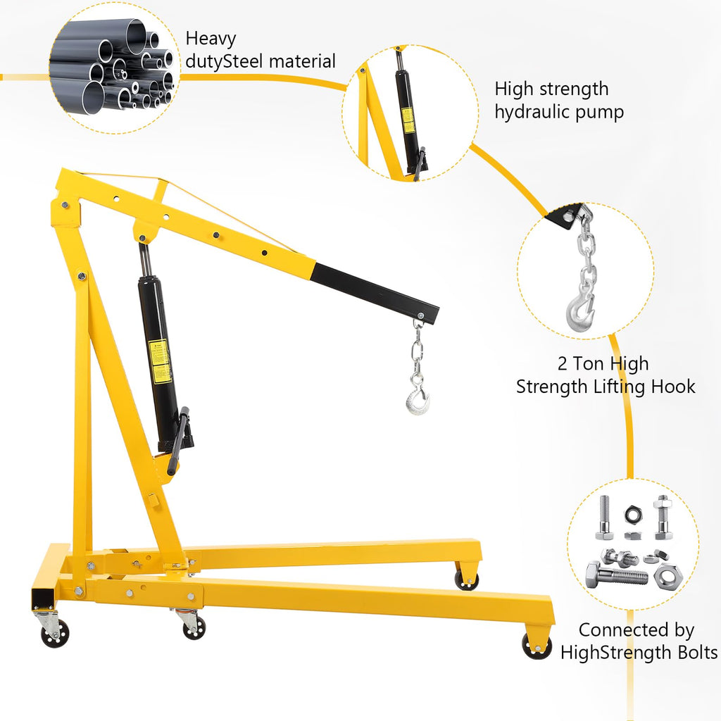 Garvee 4000LB Folding Engine Crane Engine Hoist Cherry Picker 2Ton Ship Crane Heavy Duty Steel Lift Garage Workshop Auto Repair Foldable Stand 6 Caster - Yellow
