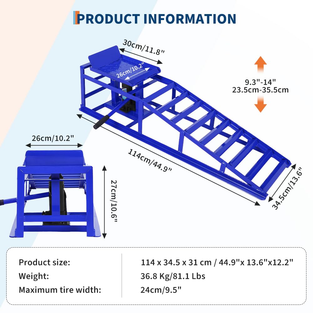 Garvee 2Pcs 5 Ton Hydraulic Car and Truck Service Ramps - 11023 lbs Capacity, Portable Lifts for Oil Changes with Adjustable Height from 9.8" to 15", Ideal for Home Garage and Vehicle Repairs, Blue