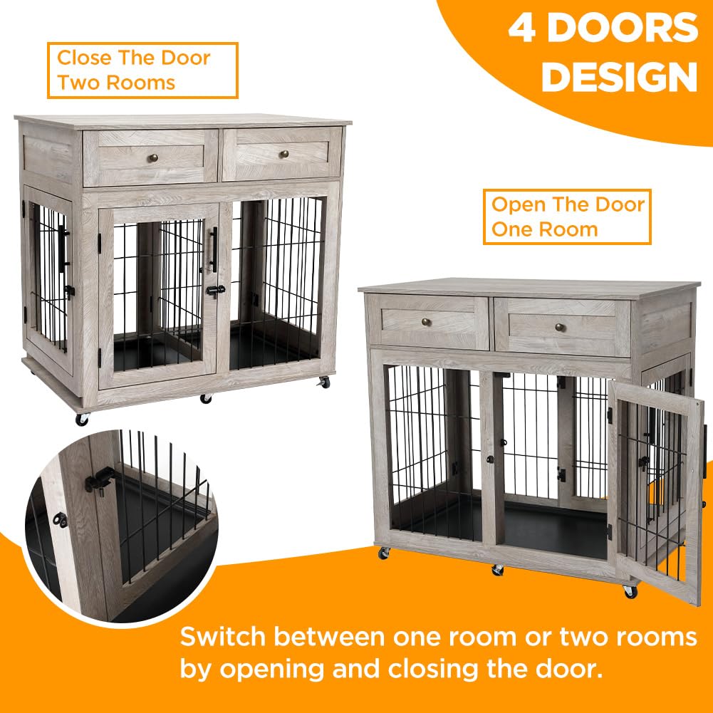 Garvee Double Room Wooden Dog Cage with Divider and Tray