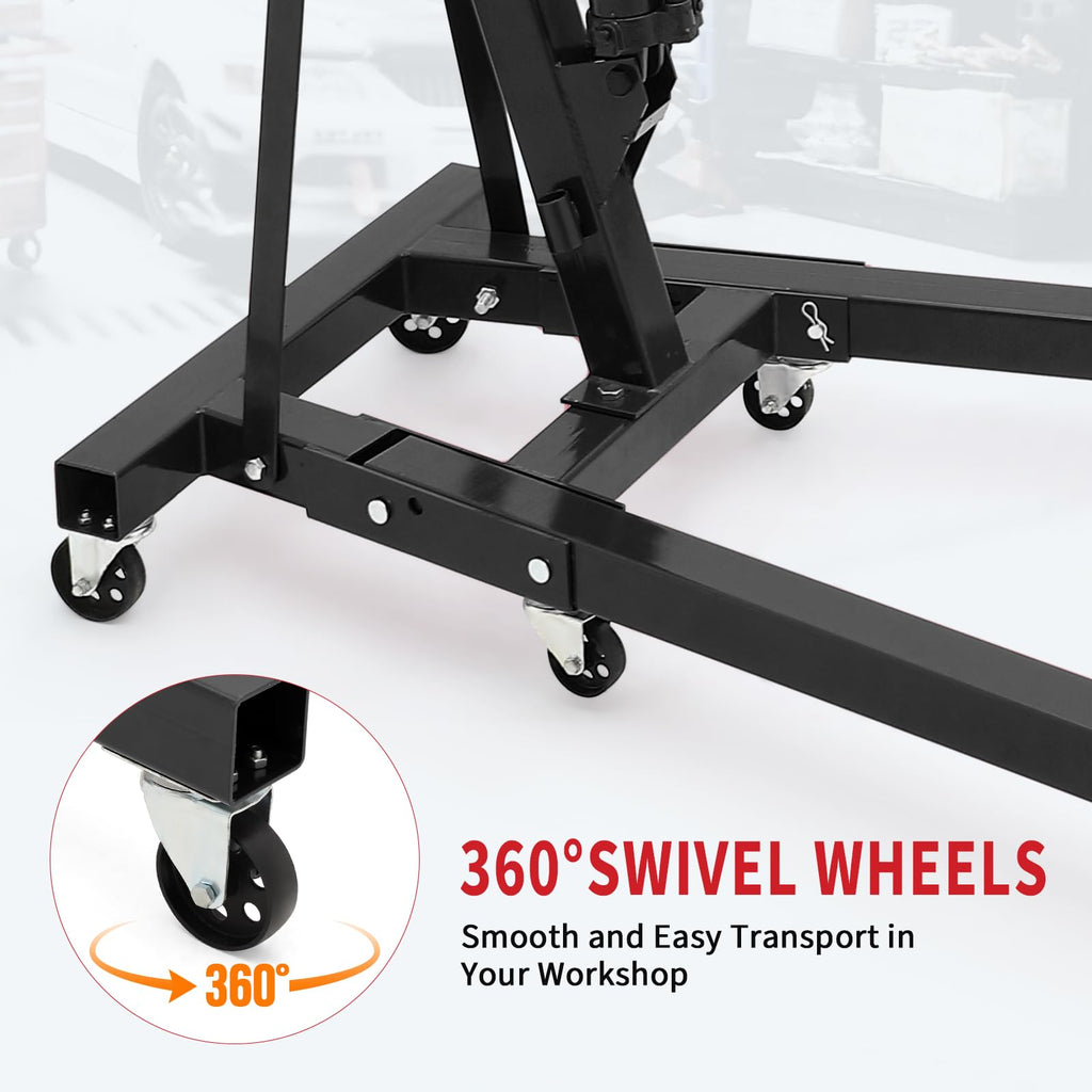 Garvee 2-Ton Folding Engine Hoist - 4400 lbs Capacity Cherry Picker Hydraulic Shop Crane with Telescoping Boom, 6 Caster Wheels, Hitch, and Storage Stand for Automotive Repair and Garage Use, Black
