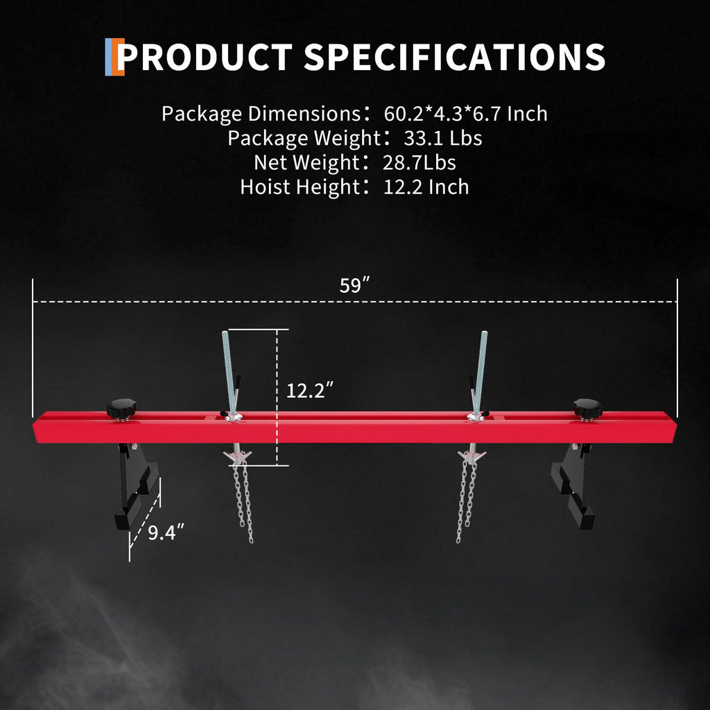 Garvee 1100 Lbs Engine Support Bar With Dual Hooks For Home Garage & Auto Repair Shop, Adjustable 59.06 In, Heavy-Duty Steel