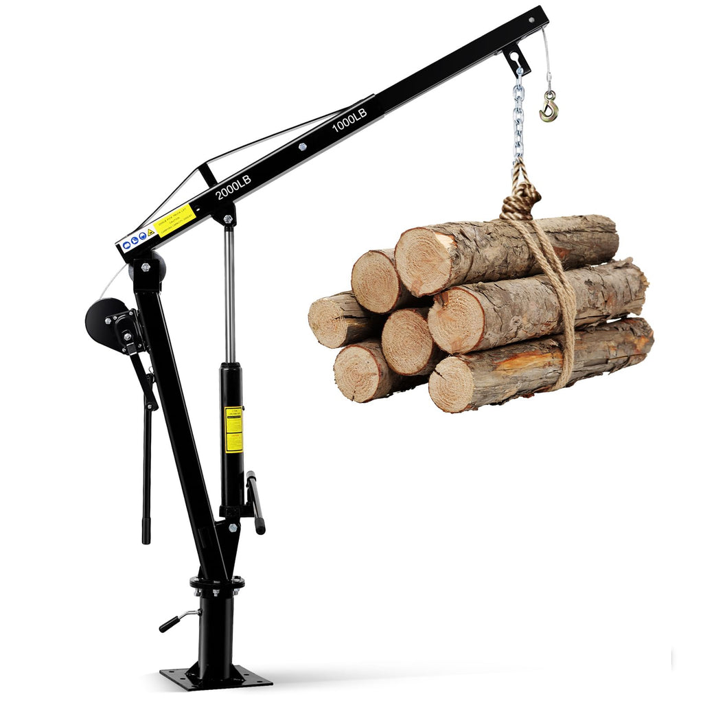 Garvee Pickup Truck Crane with Hand Winch, 2000 LBS Capacity, 360° Swivel Jib Engine Hoist, Folding Electric Winch, Black - Construction, Forestry, Factory Use