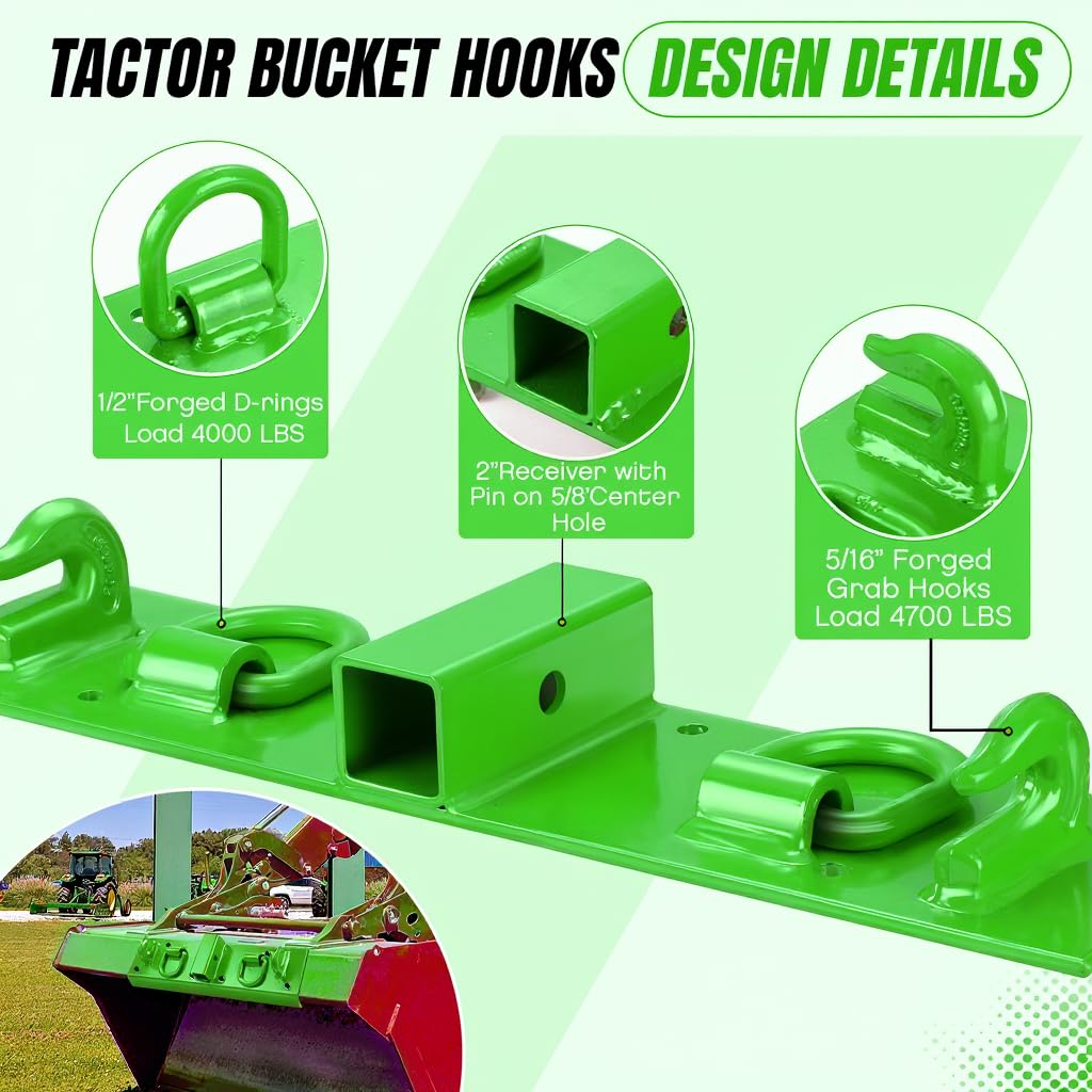 Garvee Heavy Duty Bolt-On Tractor Bucket Grab Hooks with Built-in 2-Inch Receiver and Forged D-Rings – 4,700 lbs Capacity Towing Attachment for John Deere Compact Tractors (22" L x 4.96" W, Green)