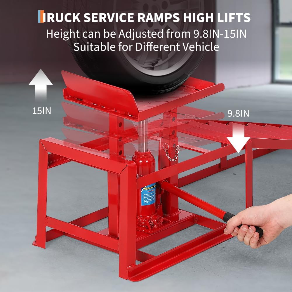 Garvee 2Pcs 5 Ton Hydraulic Car and Truck Service Ramps - 11023 lbs Capacity, Portable Lifts for Oil Changes with Adjustable Height from 9.8" to 15", Ideal for Home Garage and Vehicle Repairs, Red
