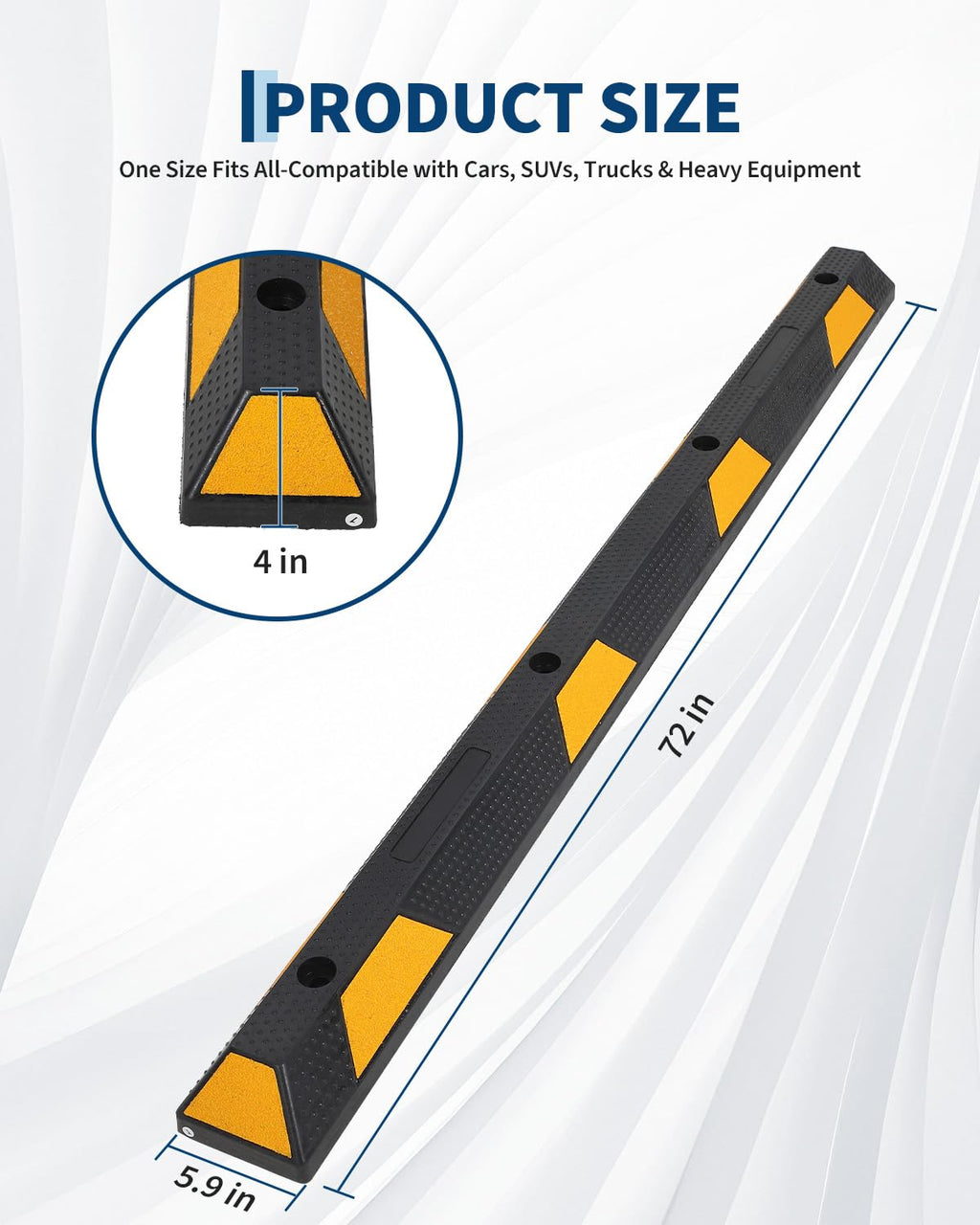 Garvee 72-Inch Heavy-Duty Rubber Parking Curb - Durable 6 ft Auto Wheel Stopper with Reflective Stripes for Garage, Driveway, and Parking Lots, Yellow & Black