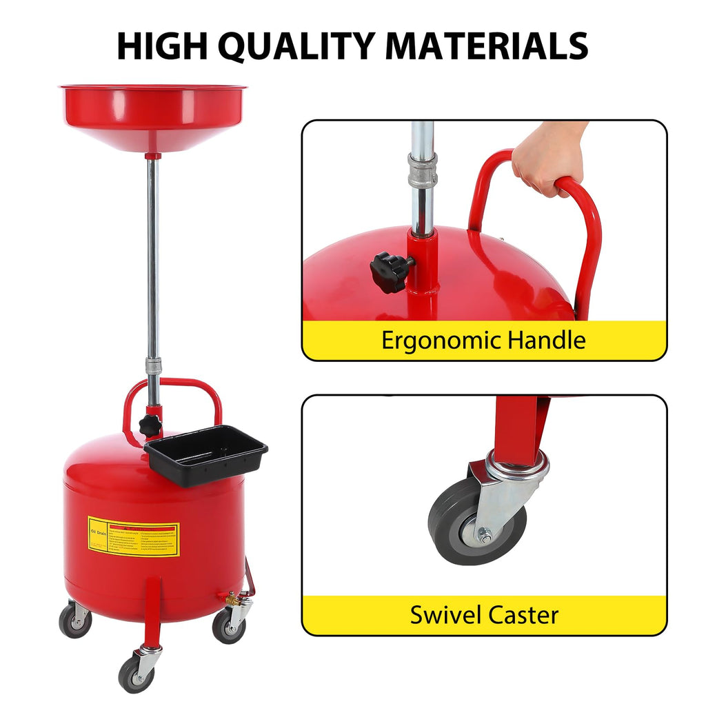 Garvee 8 Gallon Oil Drain Tank, Portable Oil Drain Container, Air Operated Drainer, Fluid Fuel Transfer Drainage, Adjustable Funnel Height with Wheel &15'' Premium Bowl and a Toolbox, Red