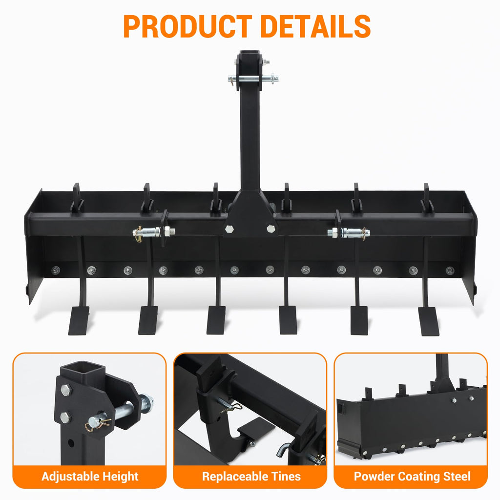 Garvee Tow Behind Box Scraper, 55 Inch Three-Point Quick Hitch Box Scraper Fit Cat 1, Heavy Duty Box Blade Lawn Tractor Attachments for Leveling, Grading, Landscaping, Black