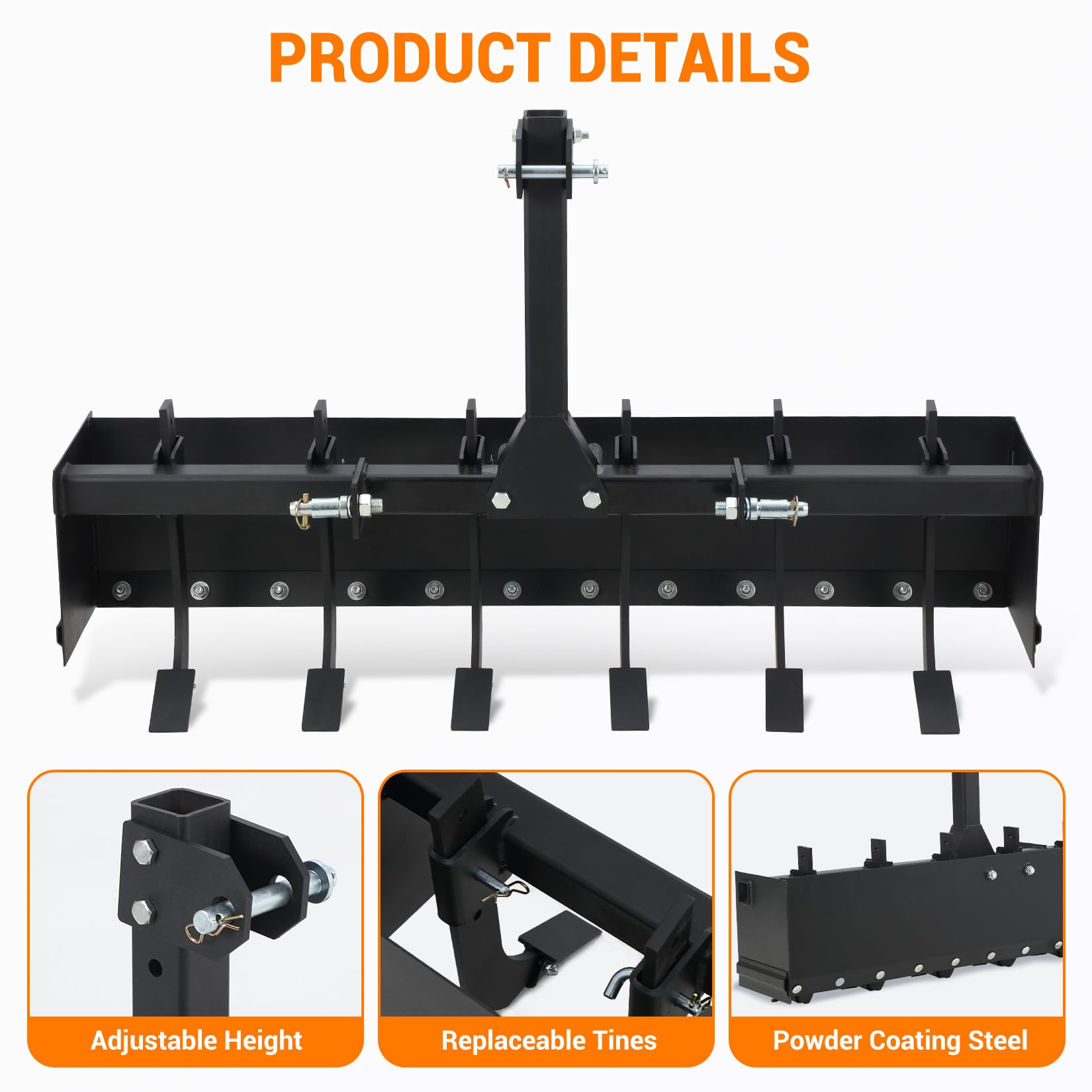 Garvee Tow Behind Box Scraper, 55 Inch Three-Point Quick Hitch Box Scraper Fit Cat 1, Heavy Duty Box Blade Lawn Tractor Attachments for Leveling, Grading, Landscaping, Black