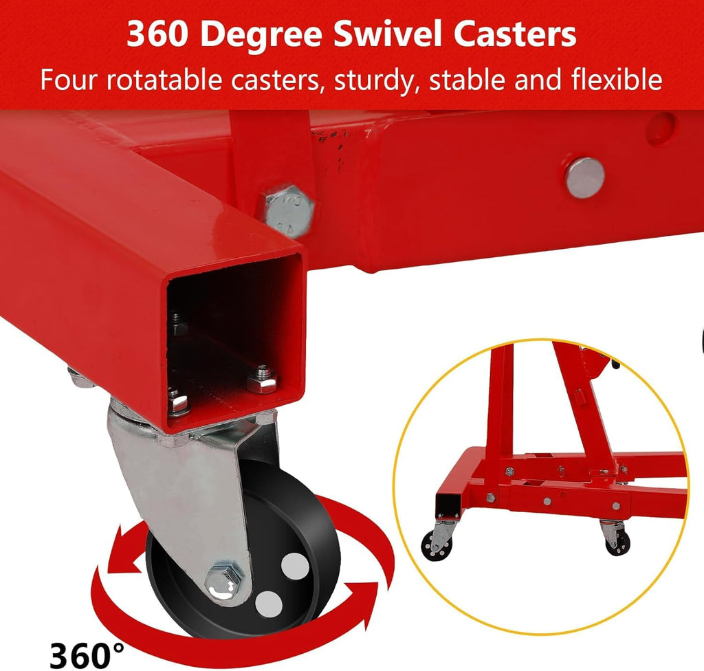 Garvee 2 Ton Engine Hoist Hydraulic Foldable Crane Mobile Cherry Picker for Garage Workshops Auto Repair, 4400 LB, Red