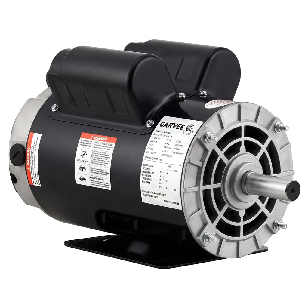Garvee 5HP SPL Air Compressor Electric Motor - 230V, 56 Frame, 3450 RPM, 7/8" Keyed Shaft, 60 Hz, Ultra-Quiet, Dual CW/CCW Rotation