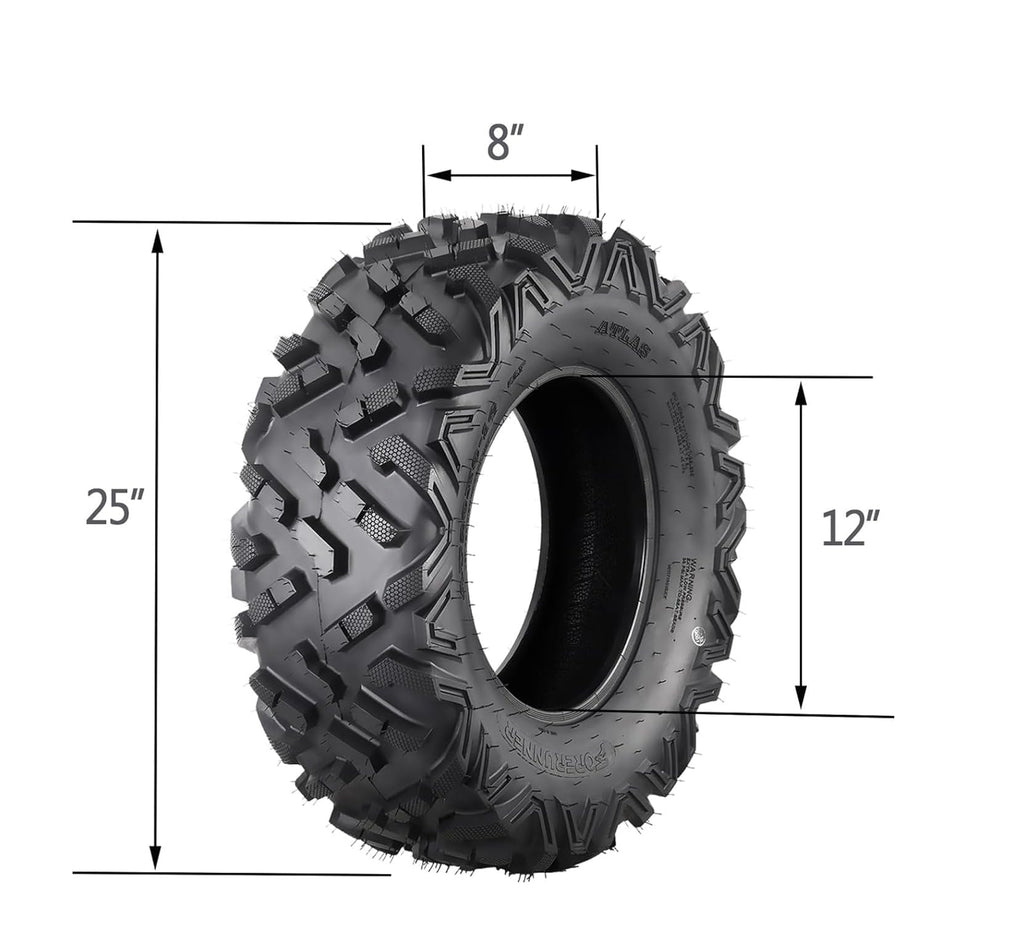 Garvee ATV UTV All-Terrain Tires, Set of 4, 25x8-12 Front & 25x10-12 Rear, Tubeless, 6 PR, Black