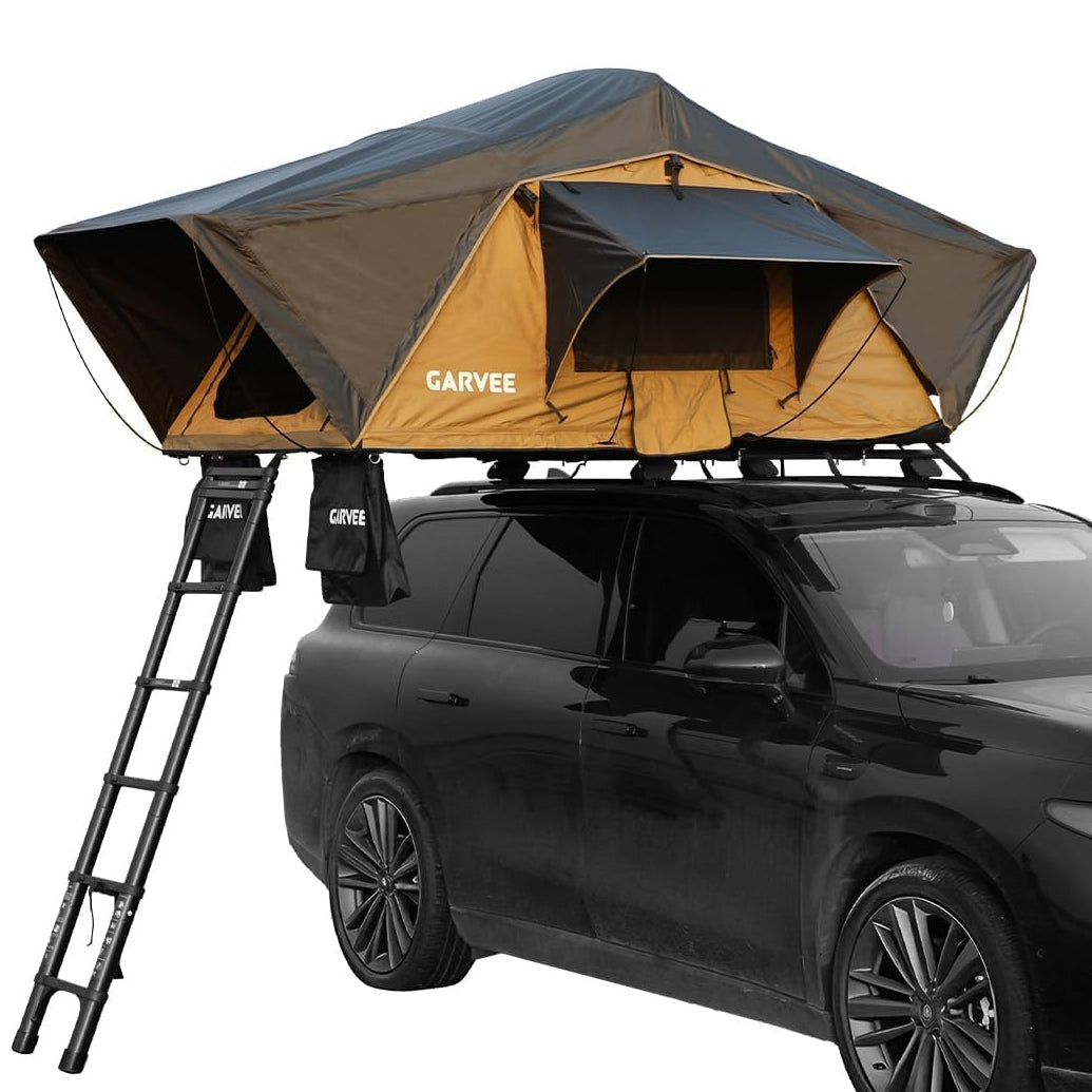 Garvee Rooftop Tent Soft Shell With Telescopic Ladder & LED Light For 2-3 Person Camping On Truck SUV Van Trailer Waterproof UV Resistant 4-Season Design