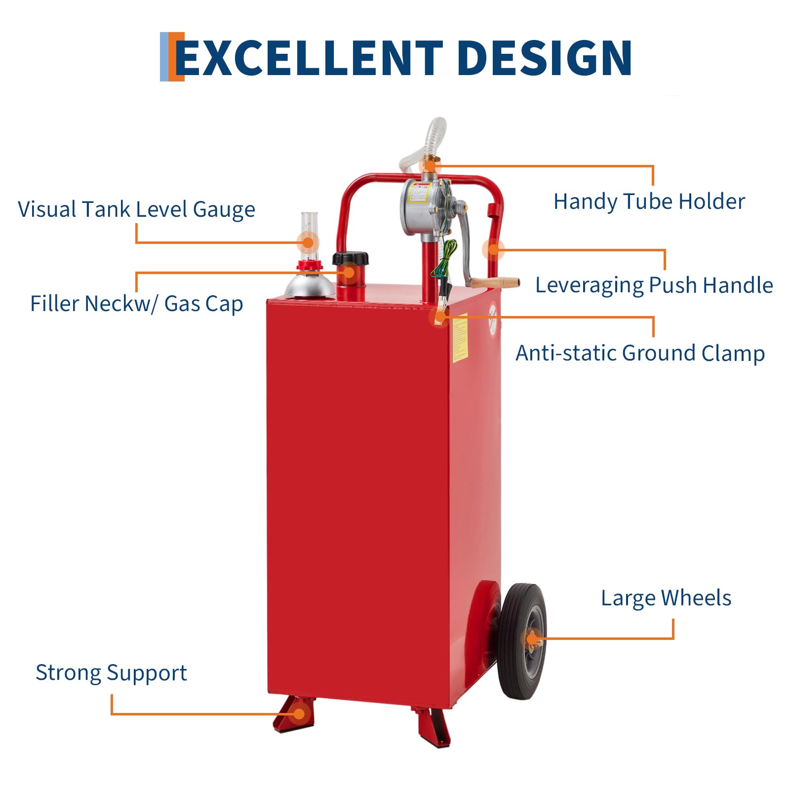 Garvee 30 Gallon Fuel Caddy with Manual Pump, 9.8 ft UV-Resistant Hose Tank Gauge Ground Clamp & 2 Wheels, Portable Gas Diesel Tank for Car Boat ATV Lawn Mower, Red