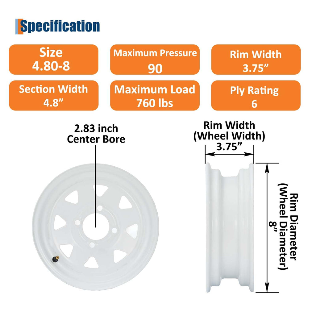 Garvee 4.80-8 Trailer Tire and Wheel Assembly, Heavy-Duty Load Range C 6PR, 8 Inch White Modular Wheel for Utility Boat Camper Trailers, Set of 2