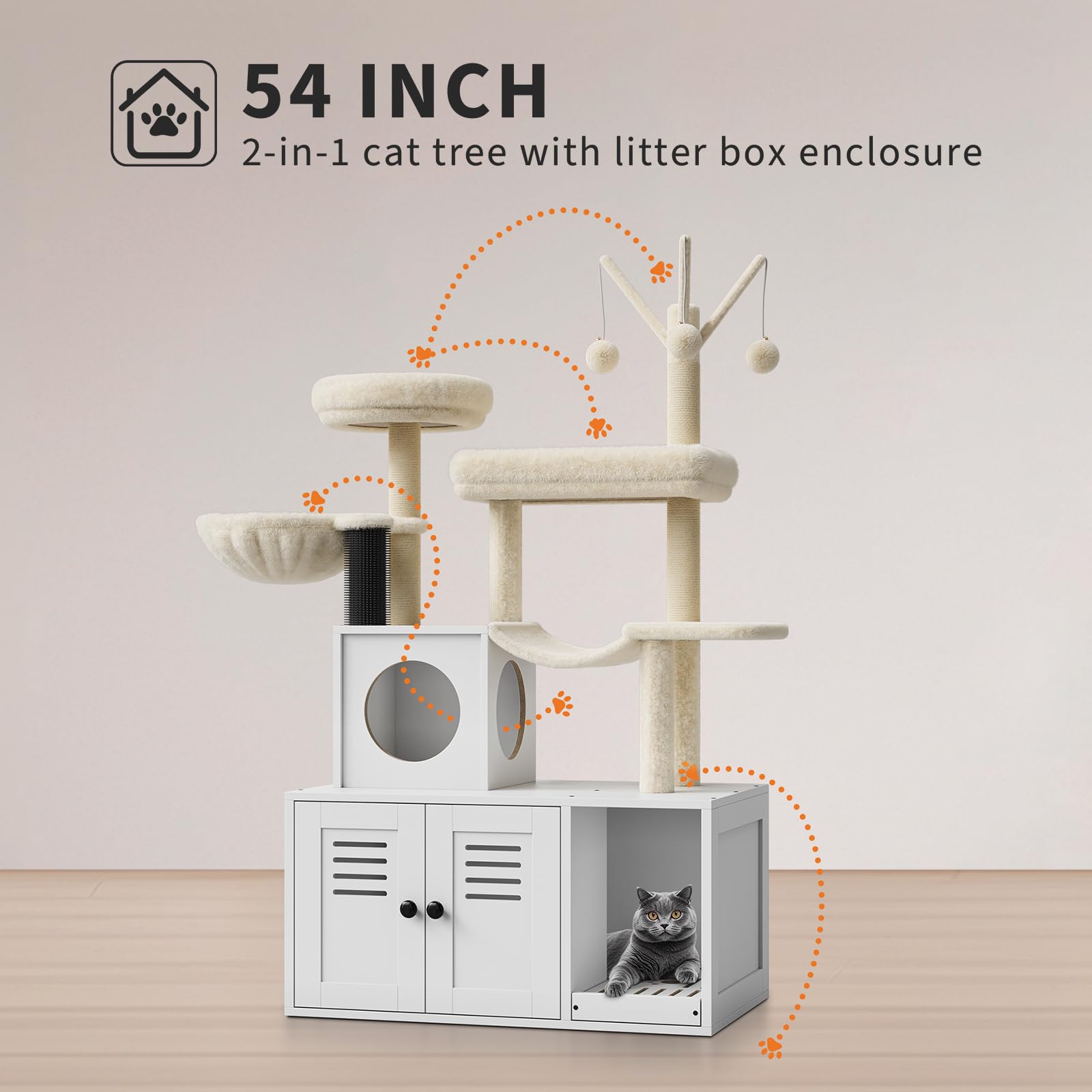 Garvee 55.1-Inch Cat Tree with Litter Box Enclosure 2-in-1 Modern Cat Tower White, Wooden Hidden Litter Box Furniture, Cat Condo, Hammock, Scratching Post