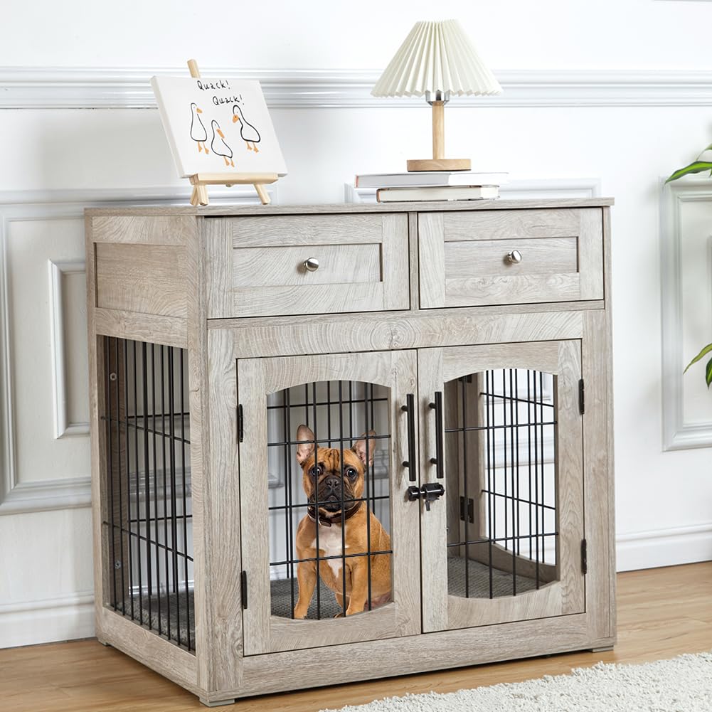 Garvee Dog Crate Furniture with Cushion,Wooden Dog Crate Table with 2 Drawers, 3-Doors Dog Furniture, Indoor Dog Kennel House Side End Table, Grey