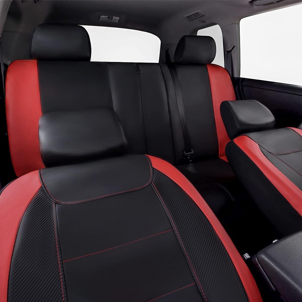 Garvee 9-Piece PU Universal Car Seat Covers, PU Leather with Stitching, Black and Red, Durable, Easy to Install