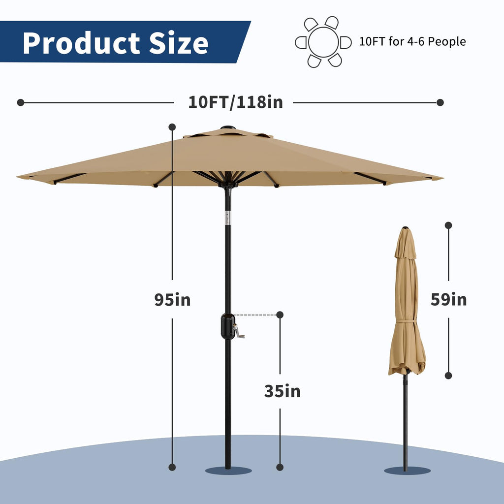 Garvee 10' Patio Umbrella with Crank Lift & Push Button Tilt – 8 Sturdy Ribs Table Umbrella for Yard, Deck, Pool, Outdoor Patio, Tan