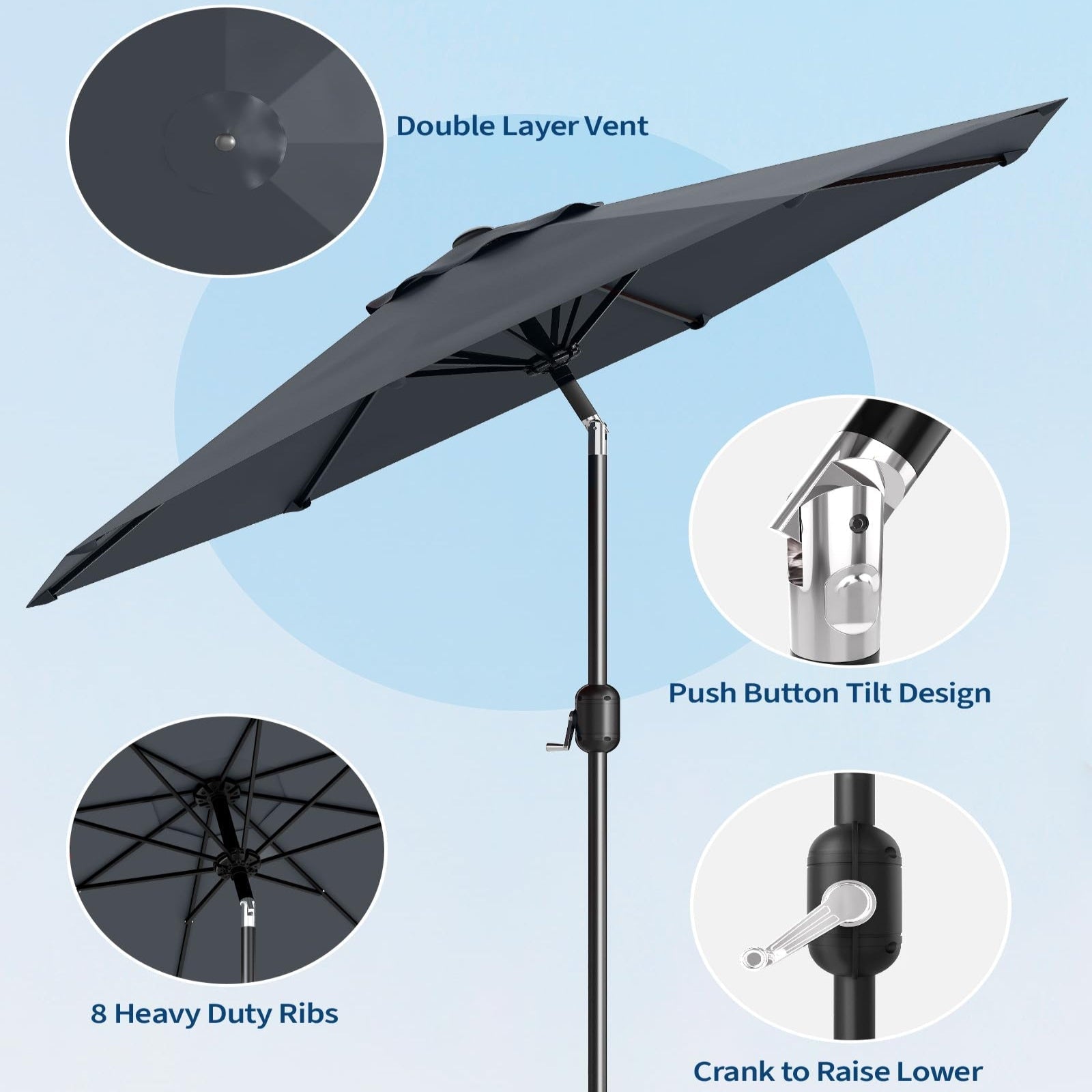 Garvee 9' Outdoor Patio Umbrella, Outdoor Table Umbrella, Market Umbrella with Push Button Tilt and Crank, 8 Sturdy Ribs UV Protection Waterproof for Garden, Deck, Backyard, Pool, Grey