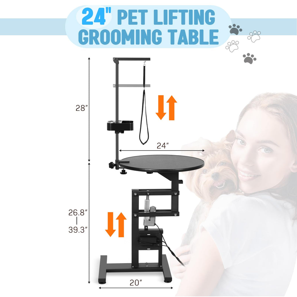 Garvee 24" Electric Dog Grooming Table, Adjustable Overhead Arm Dog Grooming Table, Rotating Desktop Pet Grooming Table, Suitable for Household Dogs, Non-Slip Table, Black