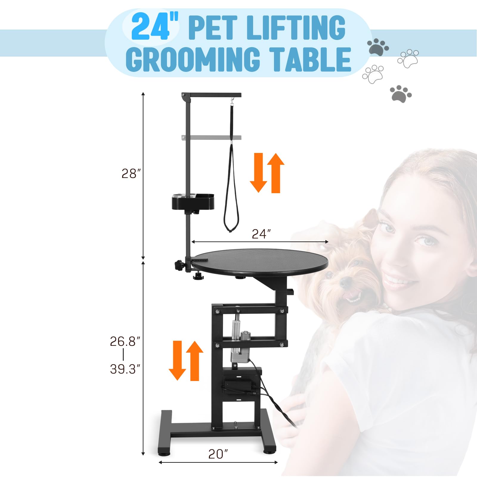 Garvee 24" Electric Dog Grooming Table, Adjustable Overhead Arm Dog Grooming Table, Rotating Desktop Pet Grooming Table, Suitable for Household Dogs, Non-Slip Table, Black