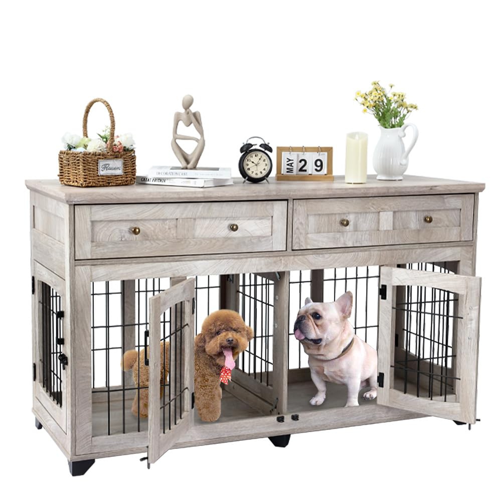 Garvee Dog Crate Furniture with Drawer, 5 Doors Wooden Dog Kennel End Table with Large Capacity Drawers,Dog House with Openable Divider for Small/Medium/Large Dog,Dog Cage,Side End Table Grey