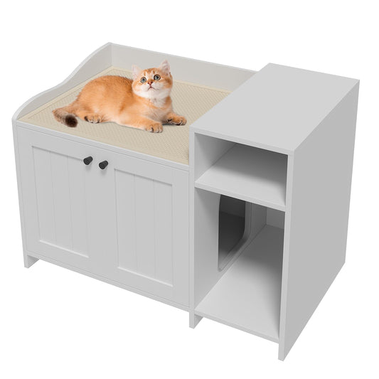 Garvee Cat Litter Box Enclosure Furniture Hidden Litter Box Cabinet Indoor Wooden Cat Washroom Pet House Dog Proof Hideaway Side End Table with Storage White 33.9in L x 19.7in W x 24.2in H
