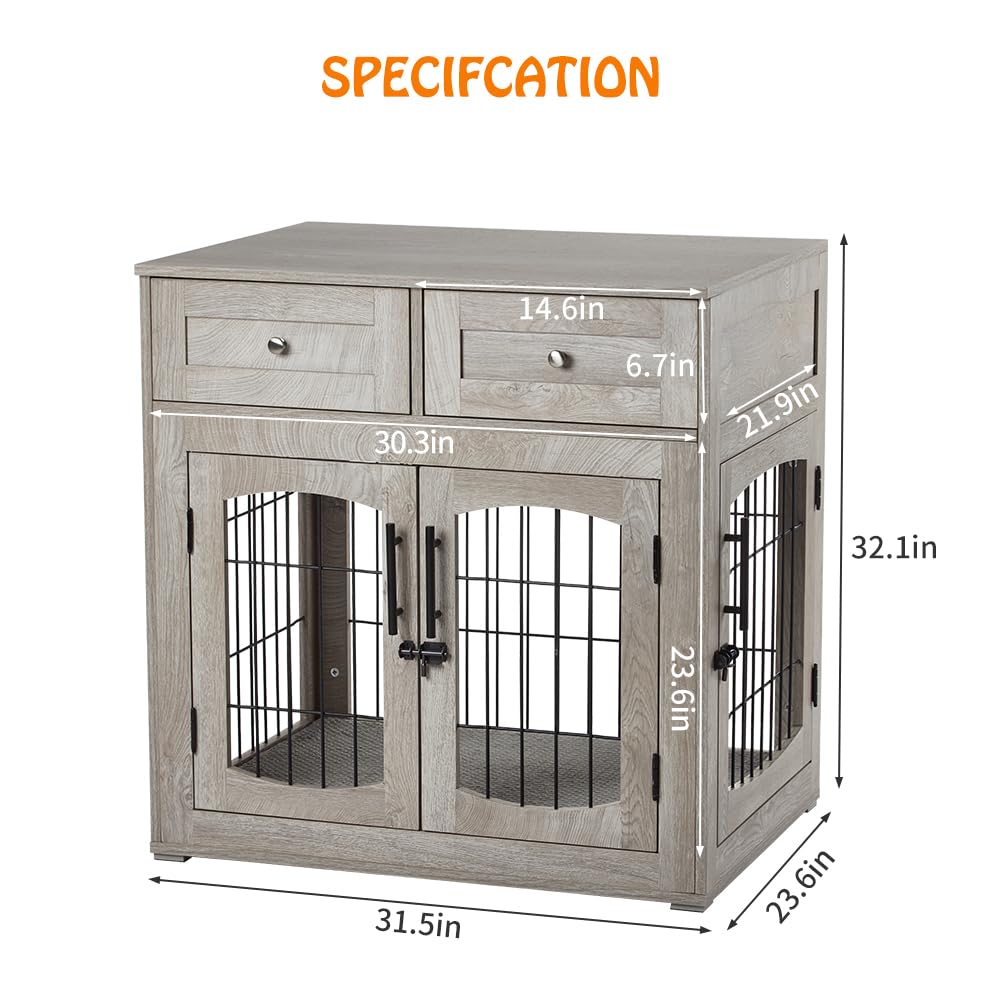 Garvee Dog Crate Furniture with Cushion,Wooden Dog Crate Table with 2 Drawers, 3-Doors Dog Furniture, Indoor Dog Kennel House Side End Table, Grey