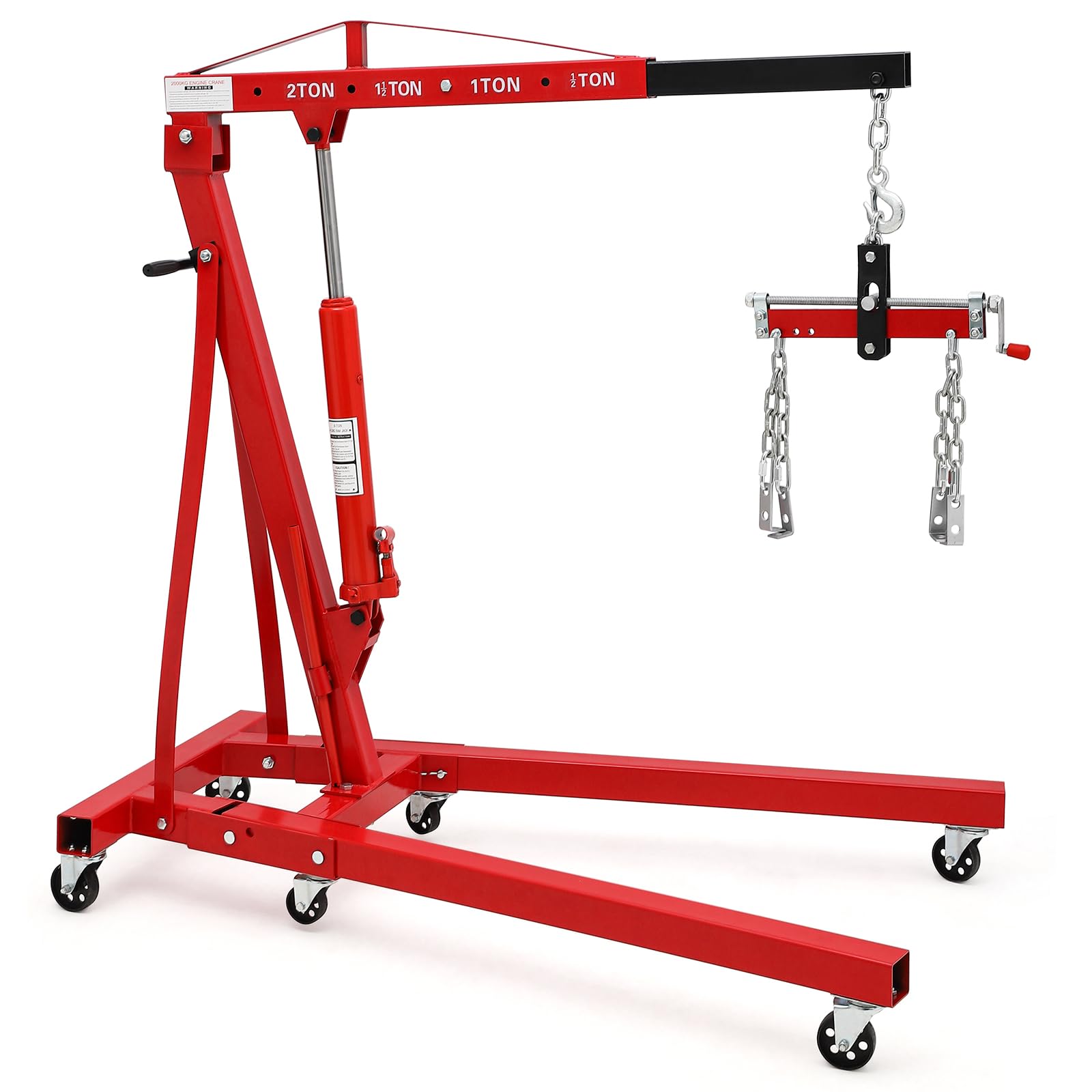 Garvee 2 Ton Folding Hydraulic Engine Hoist with Lever, Folding Engine Shop Crane Hoist Lift, Heavy Cherry Picker with 6 Wheels for Garage, Workshop,Red