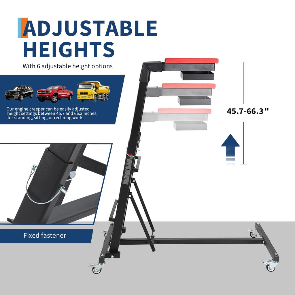 Garvee Heavy-Duty Foldable Automotive Engine Creeper, Adjustable Height 45" to 66", 400 lbs Capacity, 4 Brake Wheels, Storage Tray, and Padded Deck for Auto Repair & Trucks
